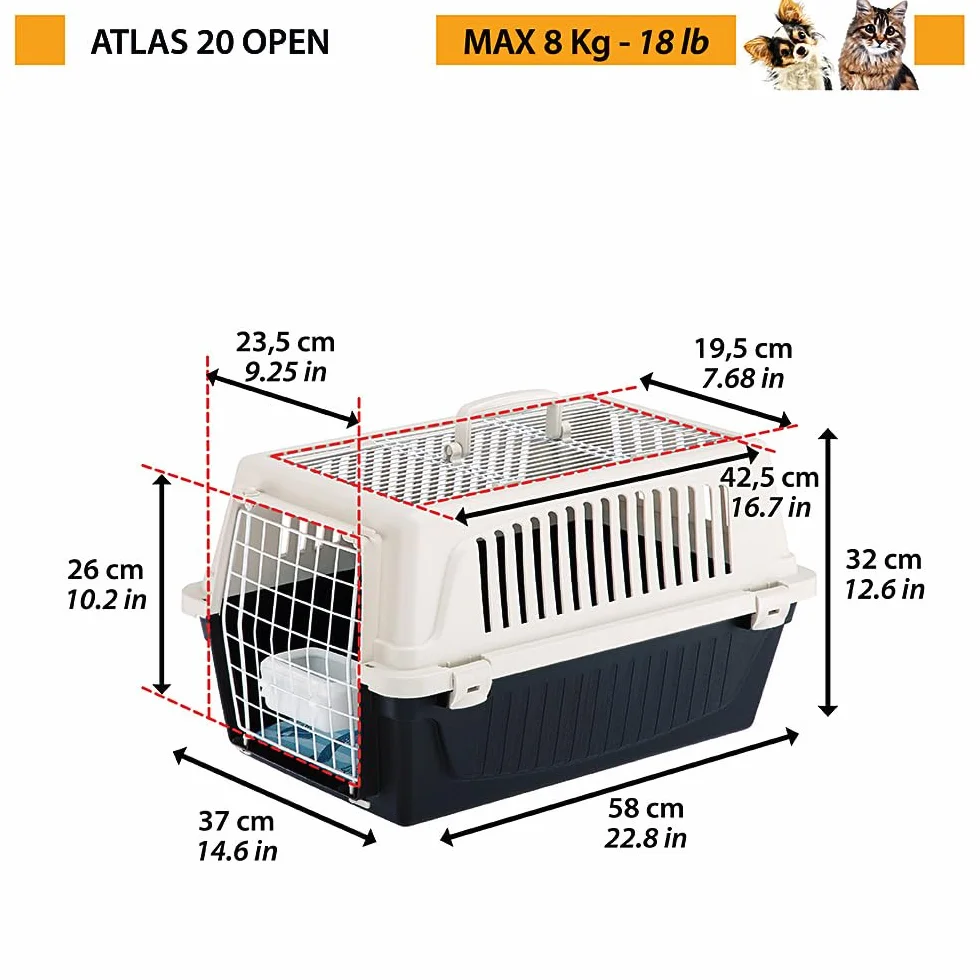 Ferplast Atlas 20 Open transporter dla małych psów i kotów do 8 kg, z poduszką i miską, otwory wentylacyjne, 37 x 58 x wys. 32 cm, pojemnik transportowy Atlas 20 Open