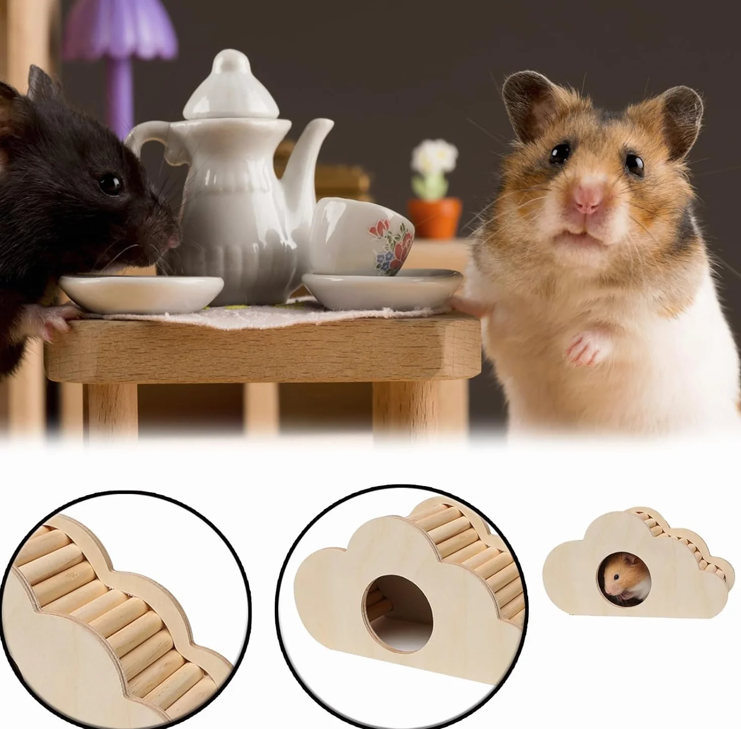 Akcesoria dla chomików: domek drewniany, schowek, schody, zabawka dla szynszyli, szczurów, wiewiórek, małych i złotych chomików - kształt chmury