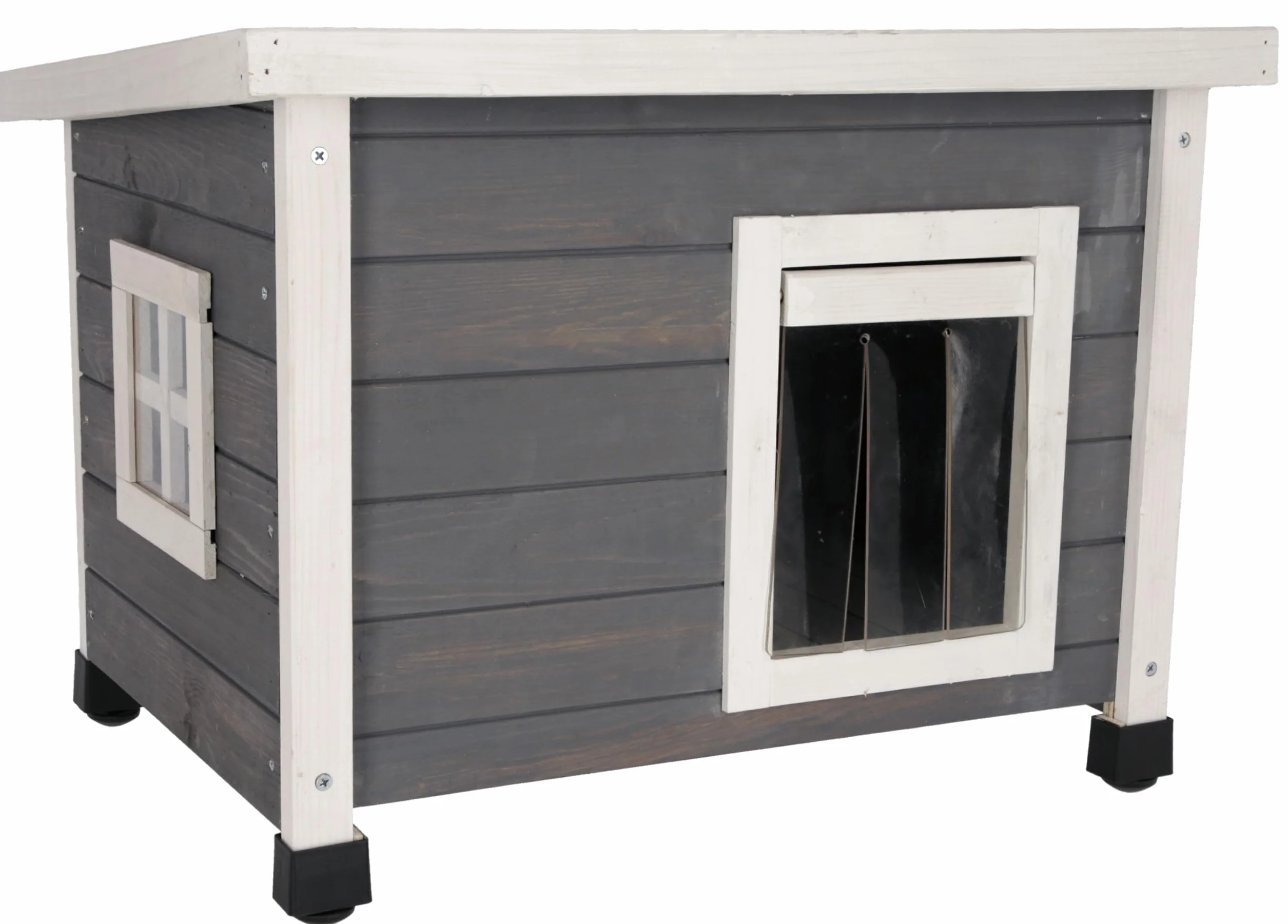 Kerbl Pet Rustica Domek dla Kota, Biały/Szary, 57 x 45 x 43 cm | Szary/biały, 57 × 45 × 42 cm, domek z litego drewna z drzwiami uchylnymi, oknem z pleksiglasu i nóżkami z regulacją wysokości