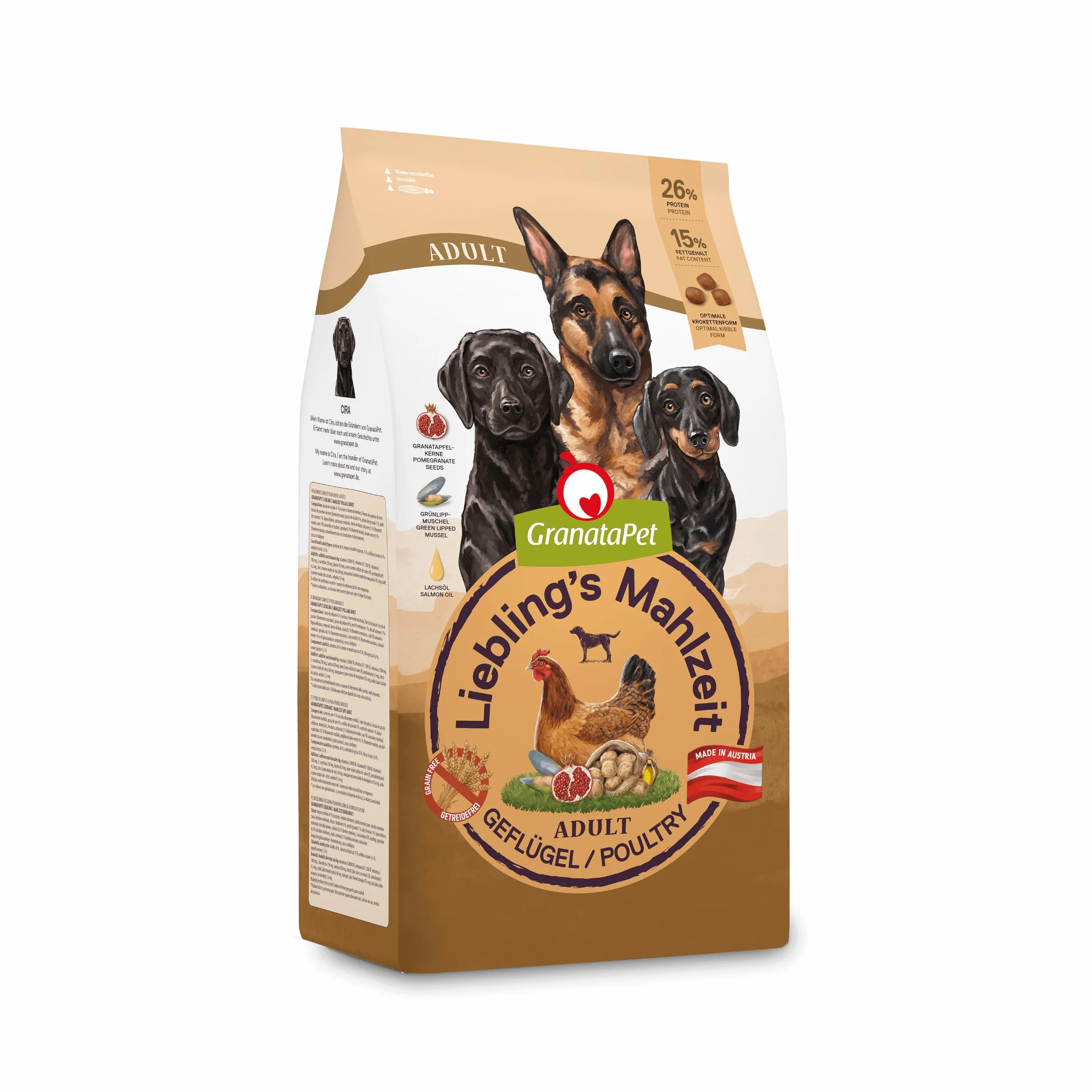 GranataPet Liebling's Mahlzeit Drób Adult, 4 x 1,8kg | Karma pełnoporcjowa, Bez zbóż, Bez dodatku cukru, Olej z łososia i małża nowozelandzka, Made in Austria