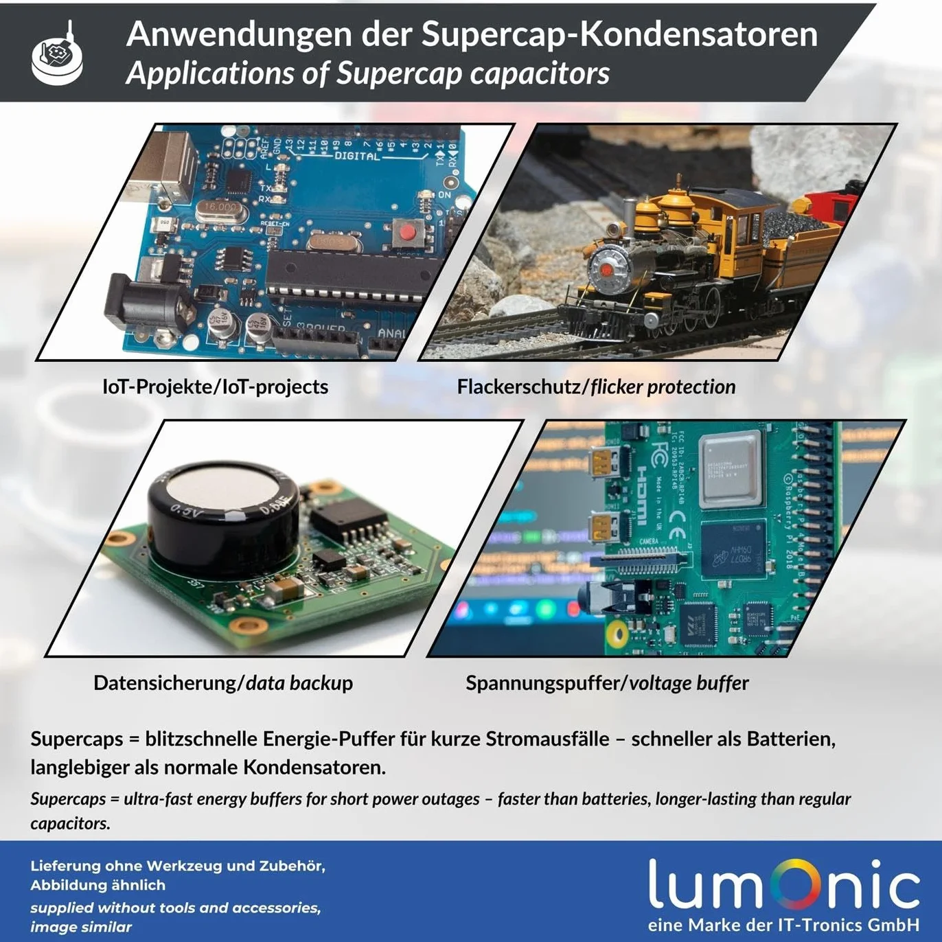 Lumonic Supercap 0,33F 5,5V C-Type | Bezposrednie zastosowanie EDLC, wysoka wydajnosc | Monoblok 5,5 V - bez koniecznosci równowazenia | Ochrona przed migotaniem, kopia zapasowa, PLC, ogrzewanie