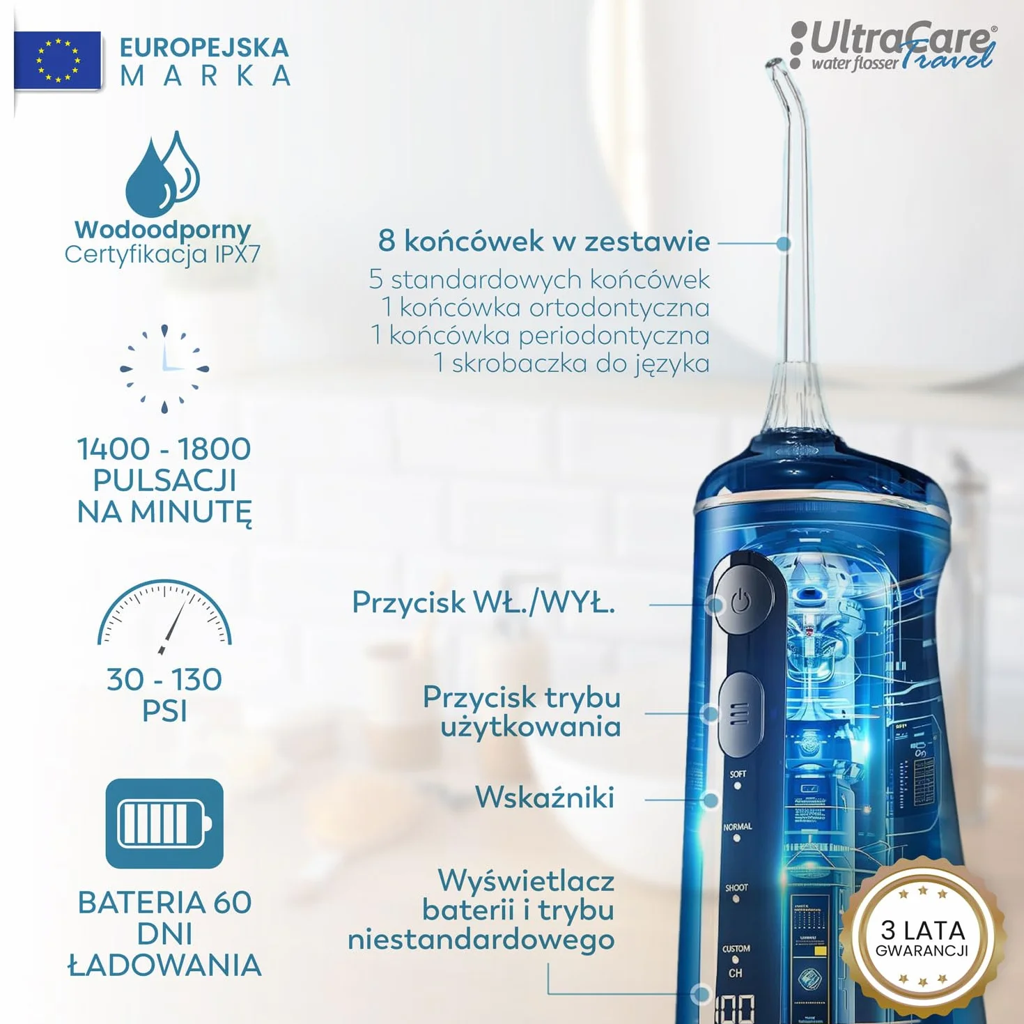 Aquapik® Travel przenośny irygator dentystyczny UltraCare | Usuwa płytkę nazębną + zalecany przez dentystów + Dbaj o implanty i ortodoncję | 8 ustników + 4 tryby użytkowania + zbiornik 300 ml (biały)