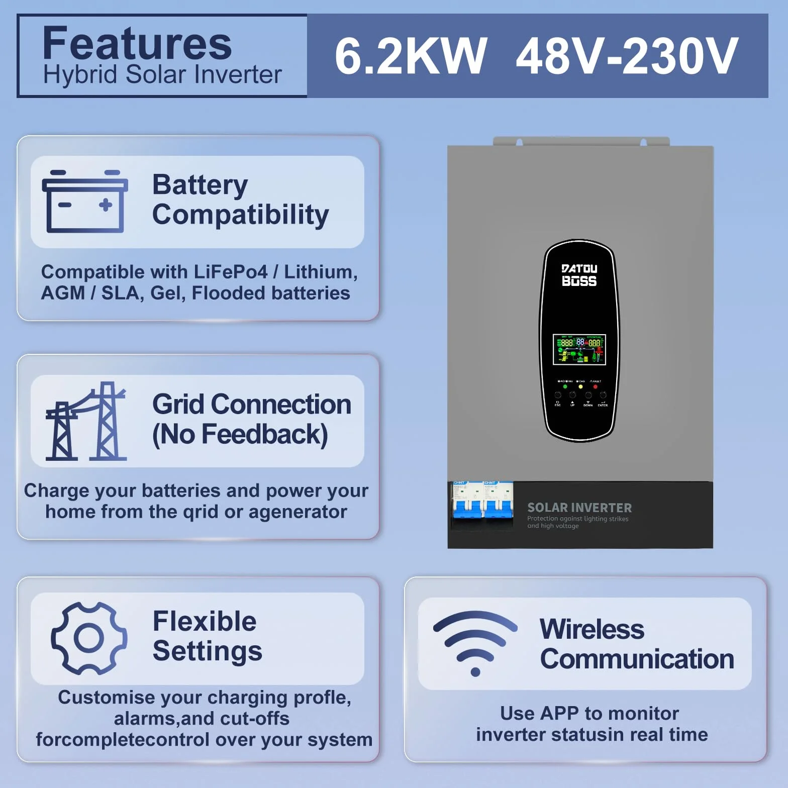 DATOUBOSS 6200W Hybrydowy Falownik Solarny 48V, Czysta Sinusoida, MPPT 120A