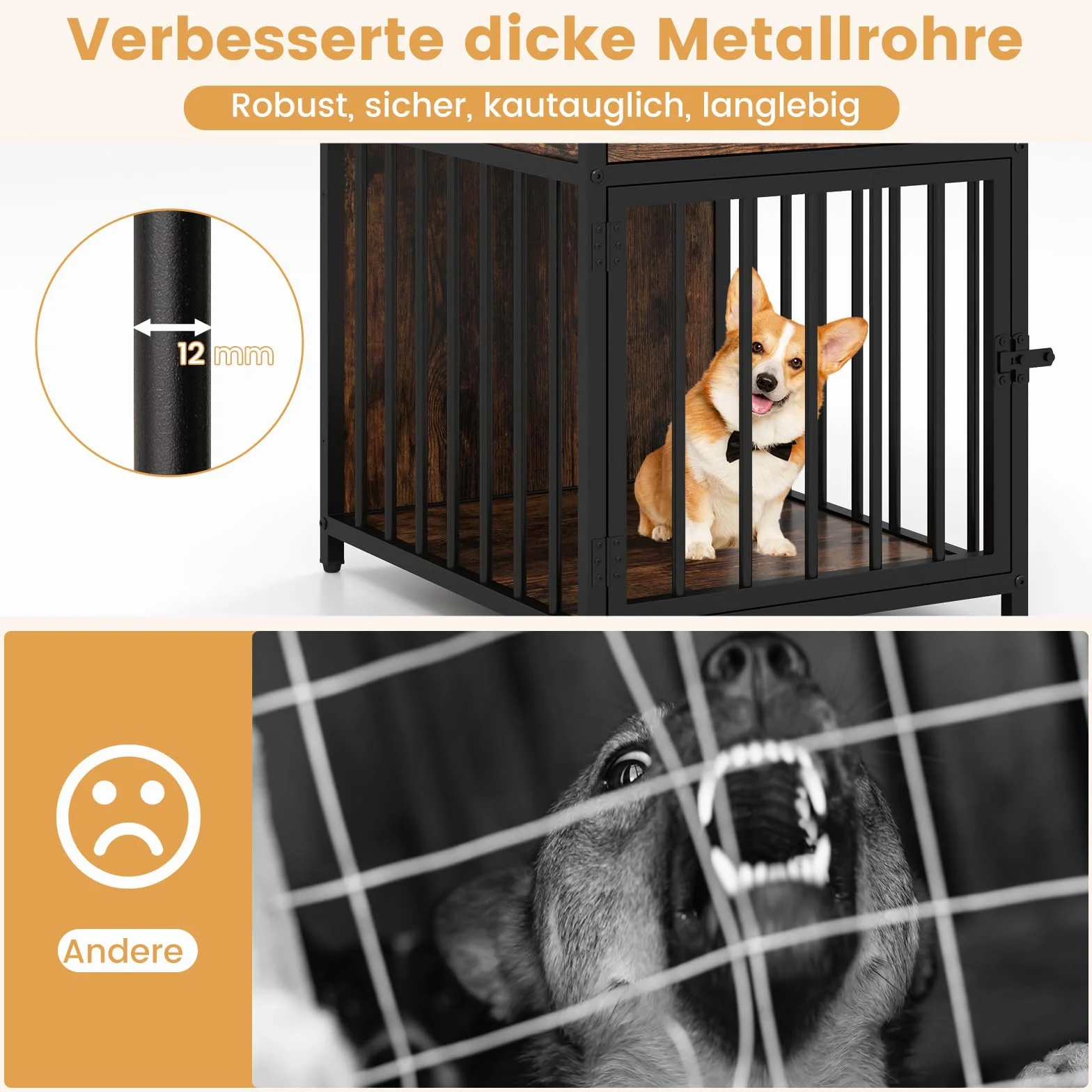 COSTWAY Meble klatka dla psów, domek dla psa do domu ze stacją ładującą, drzwiami, szufladą i metalowymi rurami, buda dla psa, stolik pomocniczy, stolik nocny, dla małych i średnich psów, kolor