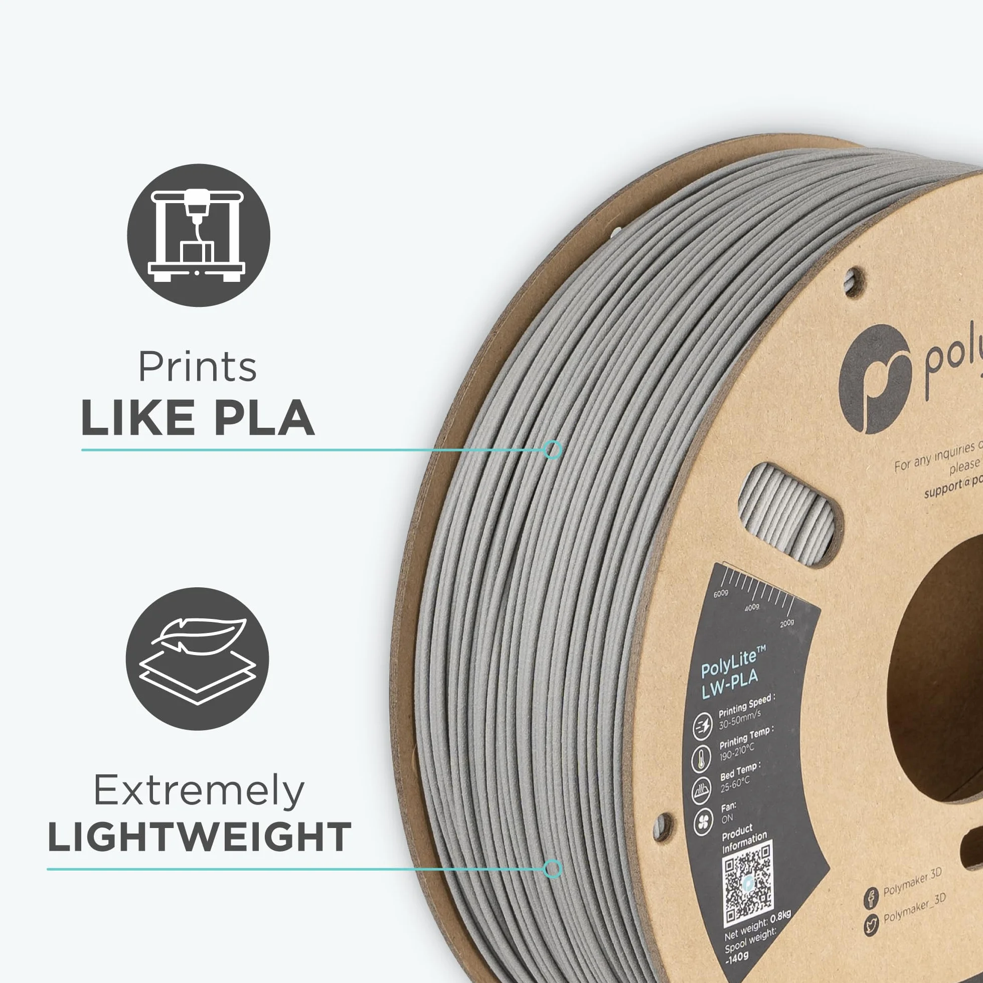 Polymaker PolyLite LW-PLA - 1,75mm - 800g - Szary