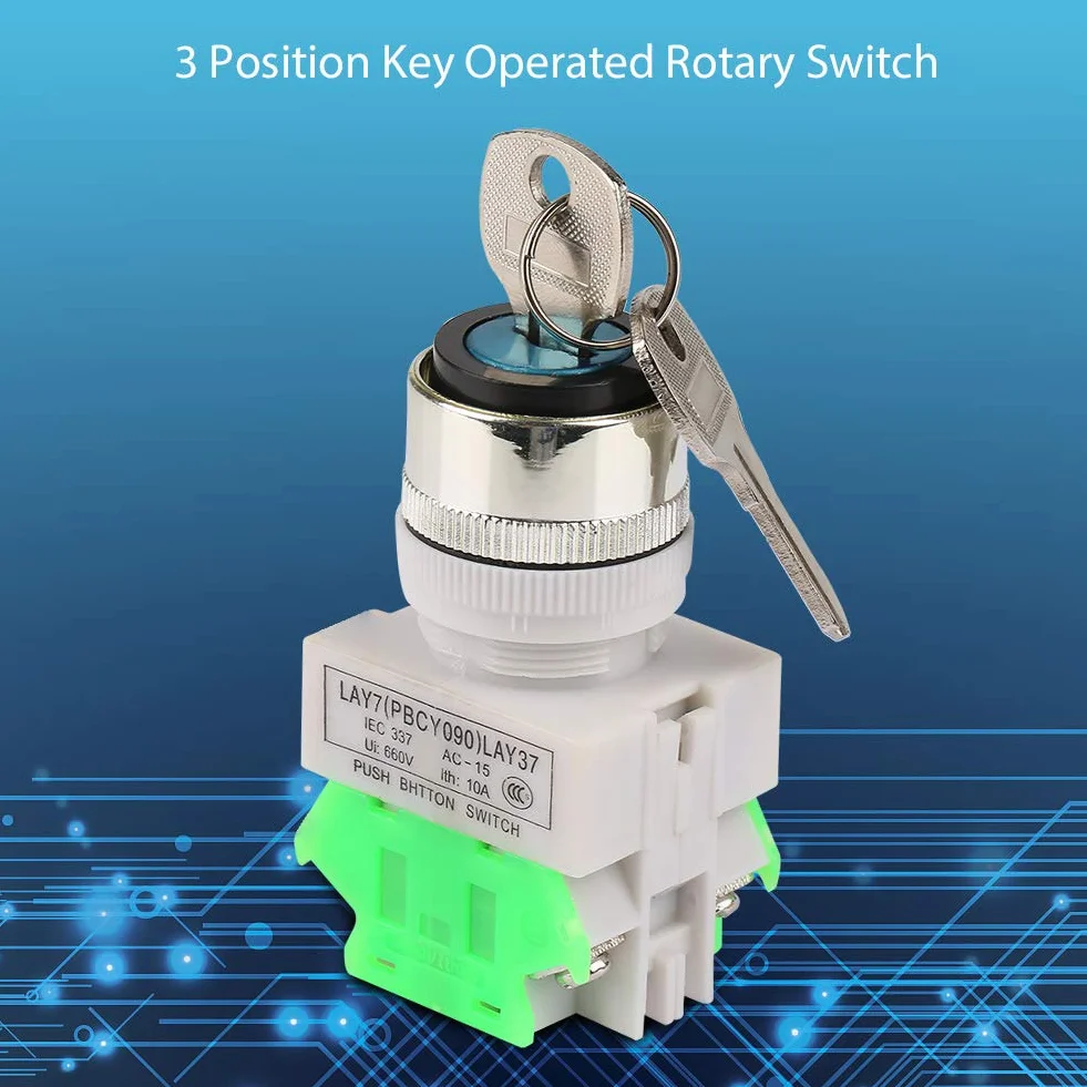 Przełącznik kluczykowy, 3-pozycyjny przełącznik blokady klucza bezpieczeństwa LAY37-20Y / 31220V 5A Przełącznik obrotowy 22mm Otwór montażowy z 2 kluczami