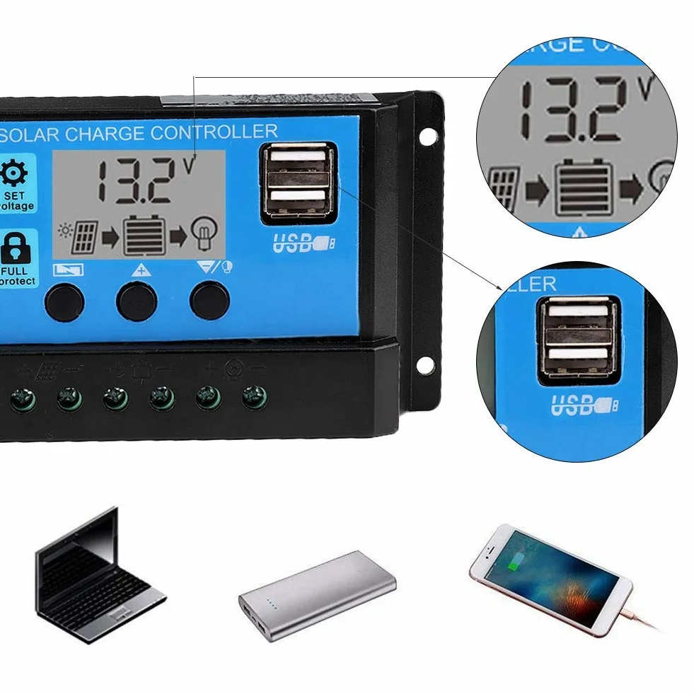 Controlador de carga solar PWM 30A 12V 24V automático