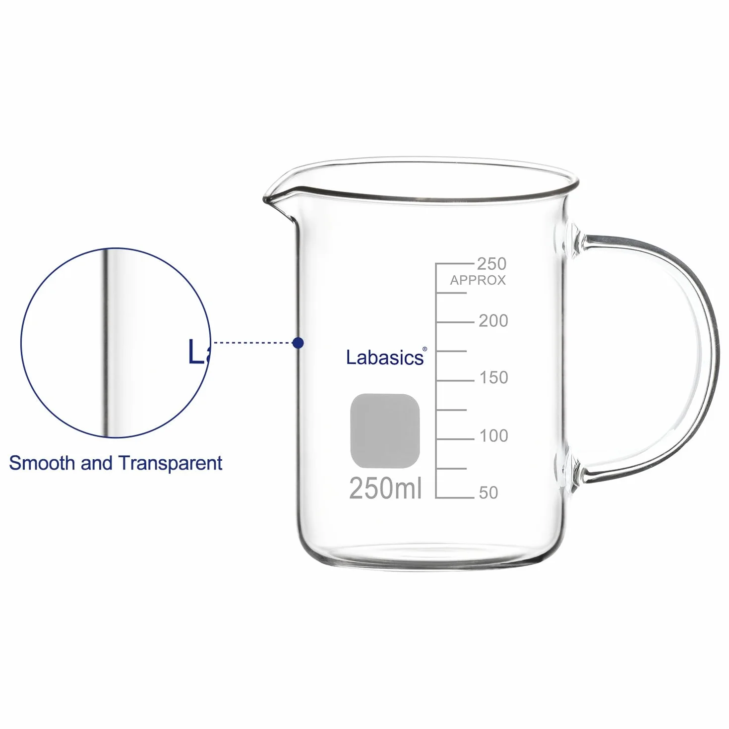 Labasics Szklany kubek, G3.3 szkło borokrzemowe laboratoryjne, zlewka miarowa, przezroczysta zlewka miarowa z uchwytem i wylewem, 250 ml