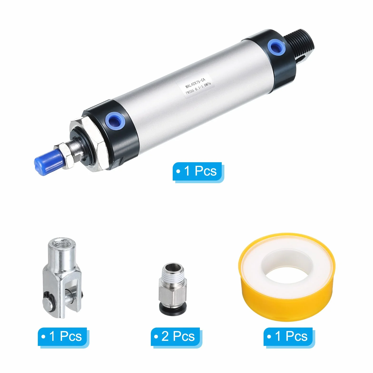 PATIKIL Pneumatyczny cylinder pneumatyczny 40 mm, otwór 75 mm, pojedynczy pręt MAL16 podwójne działanie z 1 szt. złącza Y, 2 szt. szybkozłączki, 1 x taśma do urządzeń automatycznych, srebrny