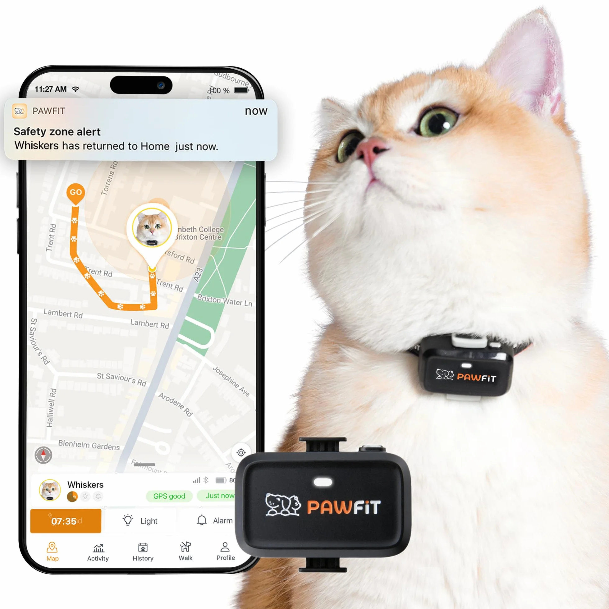 Pawfit Lite dla kotów 4G GPS Tracker | Ultrakompaktowy < 18 g | śledzenie w czasie rzeczywistym i aktywność | historia lokalizacji | obroża bezpieczeństwa w zestawie | ONYXBLACK