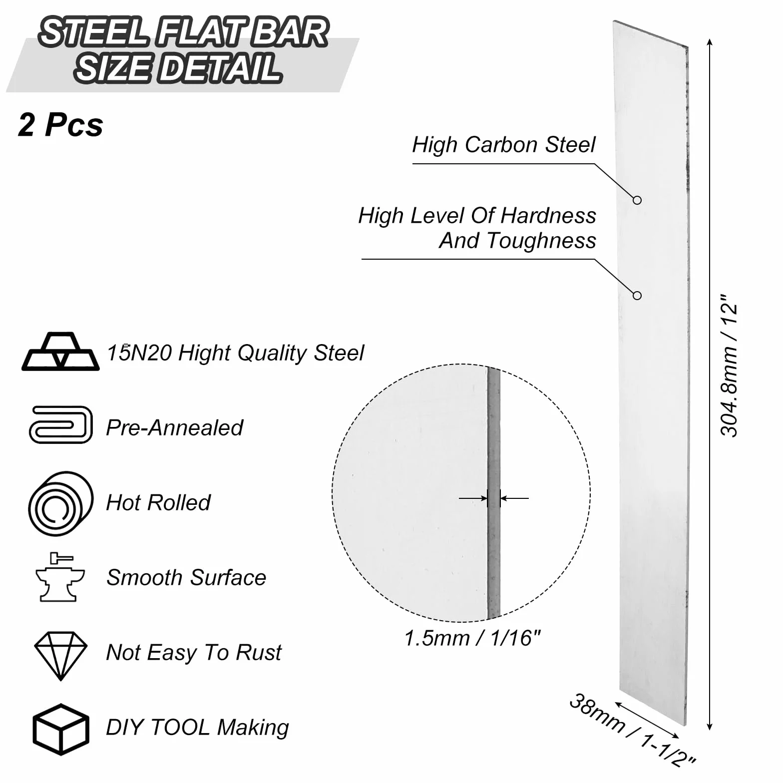 PATIKIL Zestaw 2 stalowych płaskich prętów 15N20 30 cm x 1 1/2" x 1/16" do produkcji noży