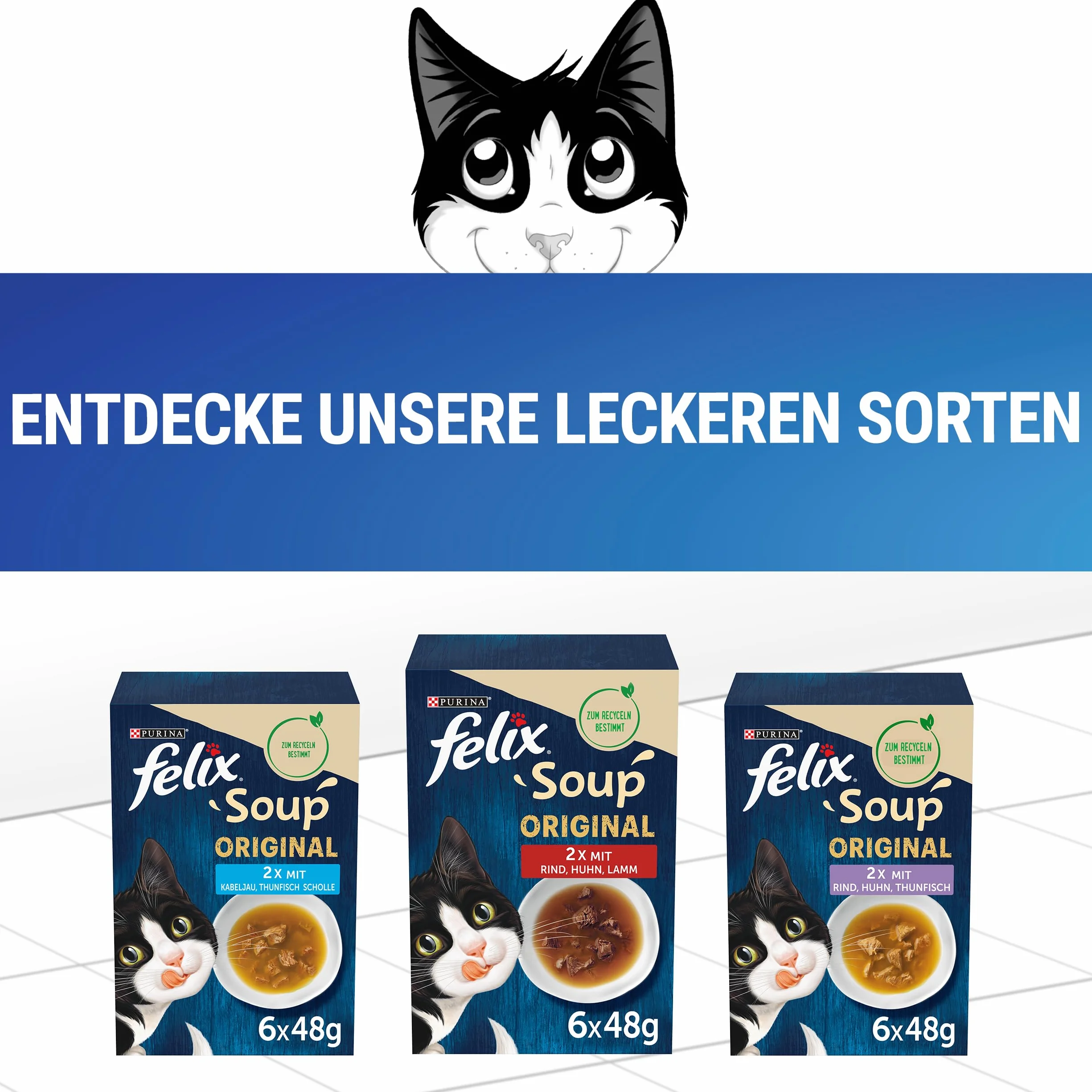 FELIX Soup, przezroczysta zupa dla kotów z delikatnymi kawałkami, różnorodność smaków, 8 sztuk w opakowaniu (8 x 6 woreczków po 48 g)