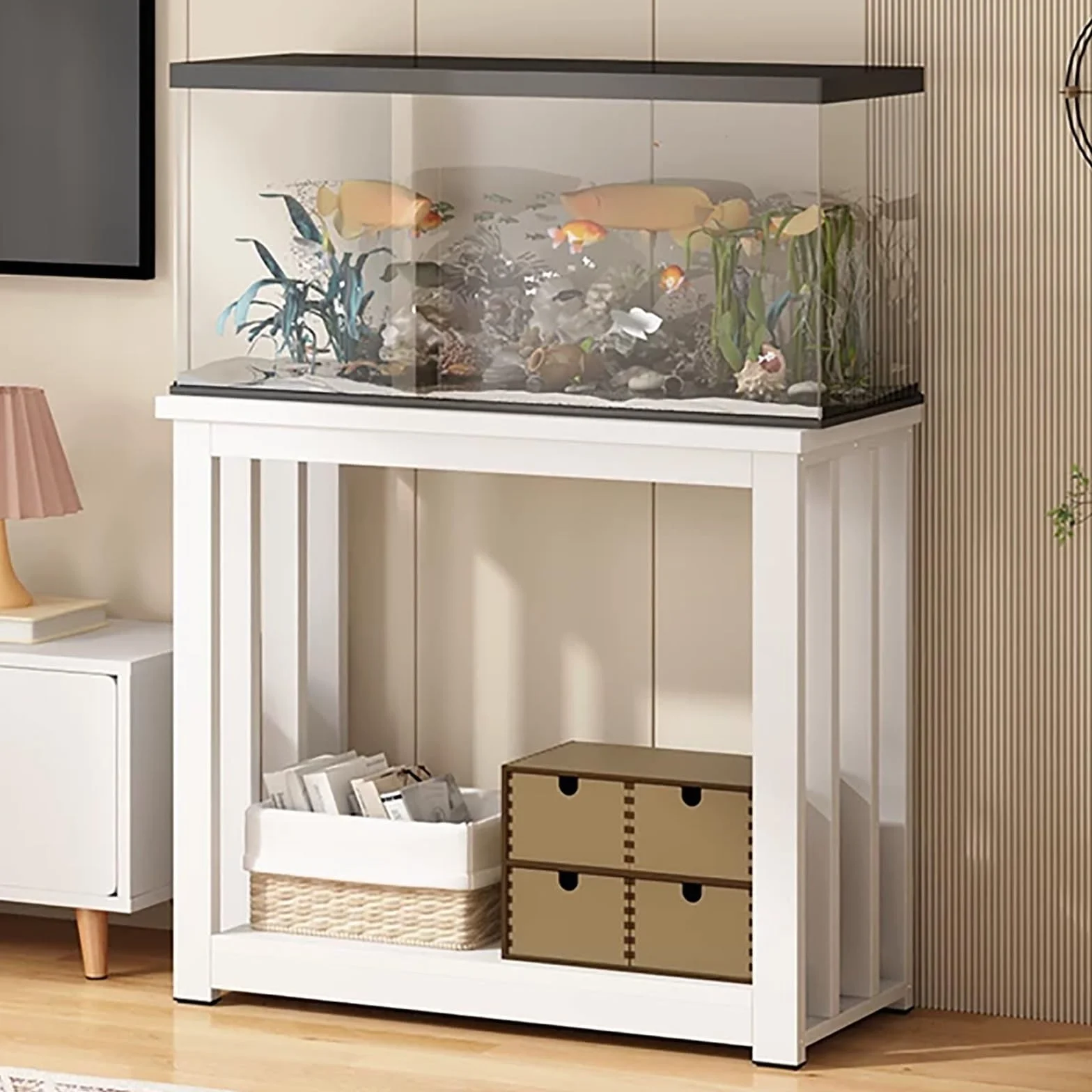 Komercyjny metalowy stojak na akwarium – 2-poziomowy stojak do terrarium dla gadów, stalowa rama, łatwy montaż, do domu, akwarium, wejścia i salonu, biały, 40 x 30 x 70 cm