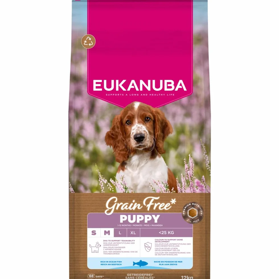 Eukanuba Karma dla szczeniaków bez zbóż, z rybami dla małych i średnich ras, sucha karma premium bez zbóż dla juniorów, 12 kg