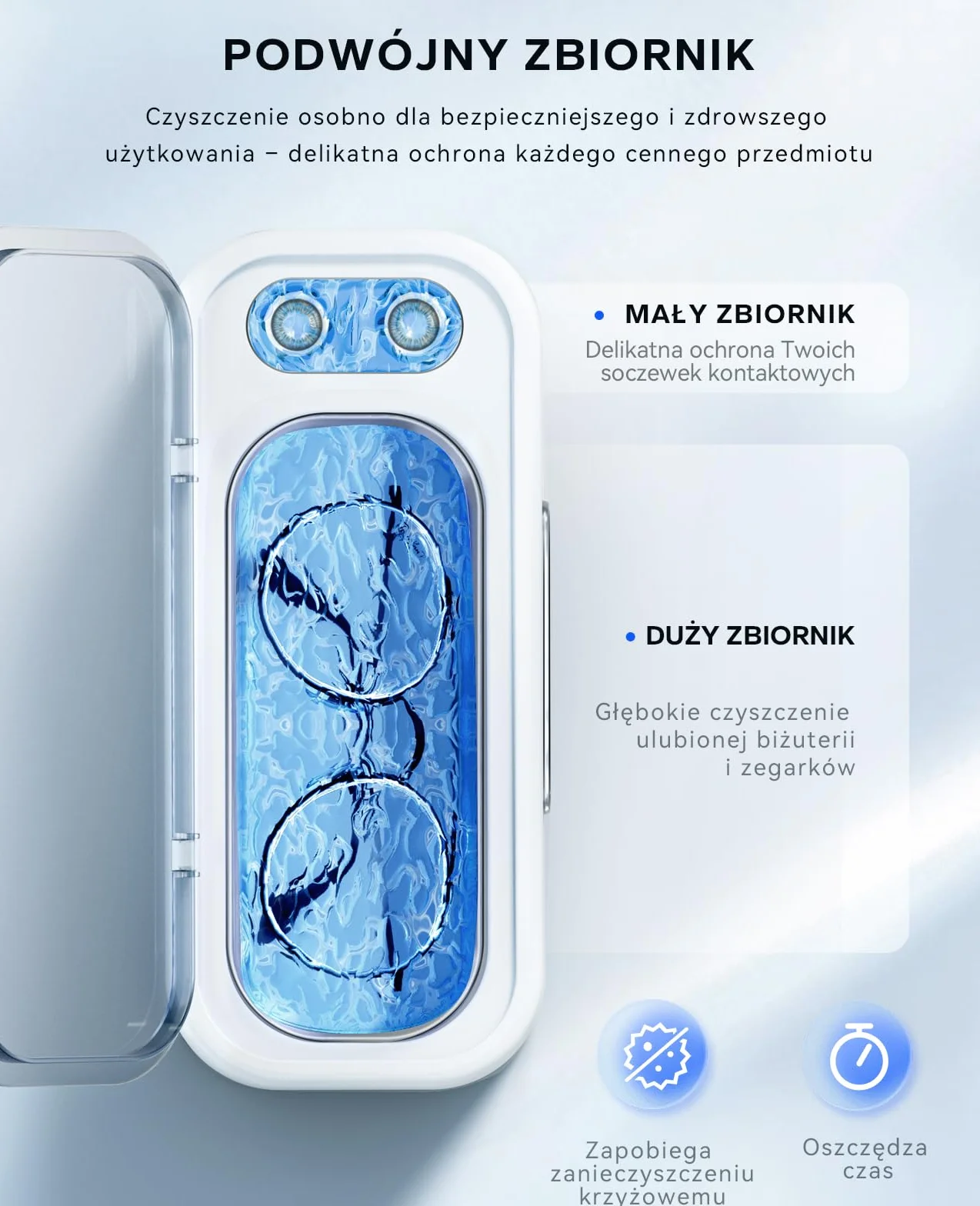 SUNPOW Ultradźwiękowy Czyścik 45kHz Podwójna Częstotliwość Podwójny Zbiornik do Biżuterii Zegarków Soczewek
