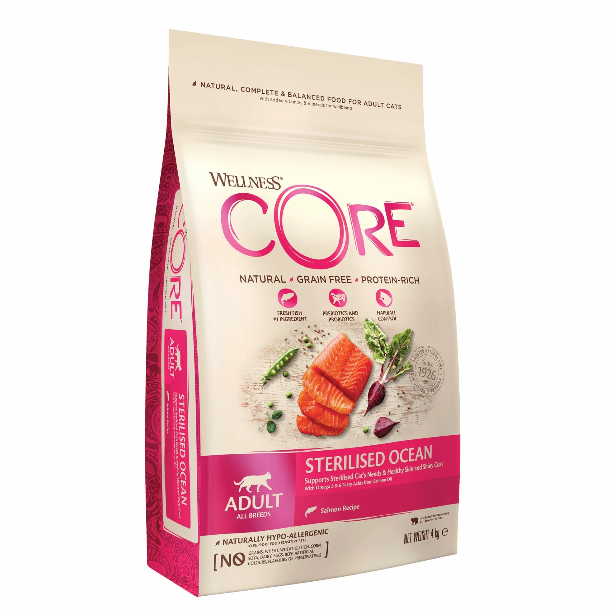 Wellness CORE Sterilised Ocean 4 kg, Łosoś – Sucha Karma dla Kotów Sterylizowanych, Bezzbożowa, Naturalna, Hipoalergiczna, Bogata w Białko, o Wysokiej Zawartości Ryb, Zdrowa Skóra i Lśniąca Sierść