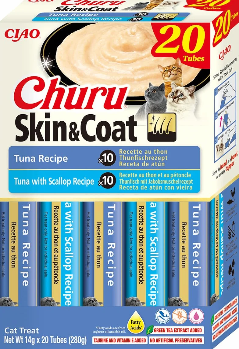 INABA Churu Skin & Coat kremowe przysmaki dla kotów z Omega 3 Omega 6, tauryną i witaminą E, tuńczykiem 20 x 14 g, bez zbóż, bez cukru, bez produktów ubocznych, smakołyki dla kotów