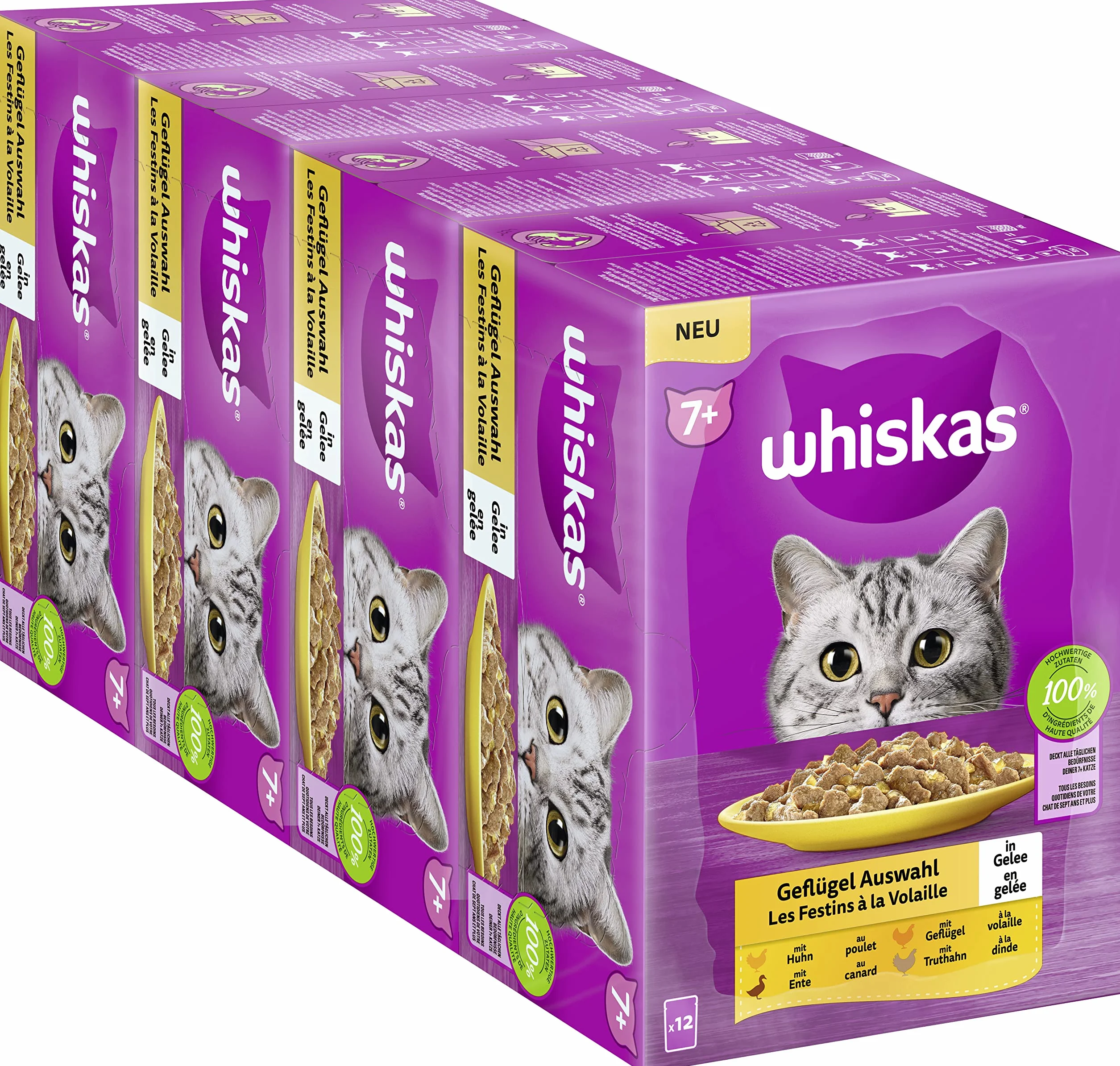 Whiskas 7+ karma dla kotów, drobiu, galaretka, 12 x 85 g (4 opakowania) – wysokiej jakości mokra karma od 7 roku życia w 48 porcjowanych woreczkach – dla zachowania witalności