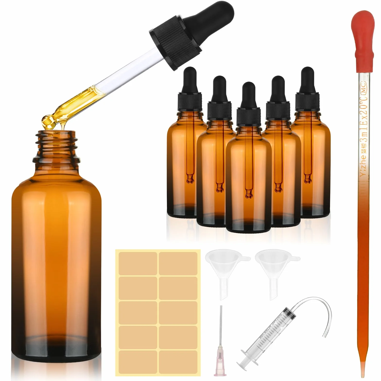 Butelka szklana bursztynowa 50 ml z kroplomierzem pipetą lejkiem 6 szt.