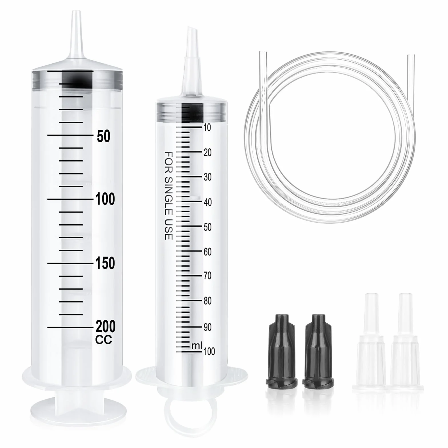 OFFCUP Strzykawki z tworzywa sztucznego, 100 ml i 200 ml, strzykawka bez igły, wielokrotnego użytku, z 1 cewnikiem, duże strzykawki do laboratoriów, do dozowania zwierząt