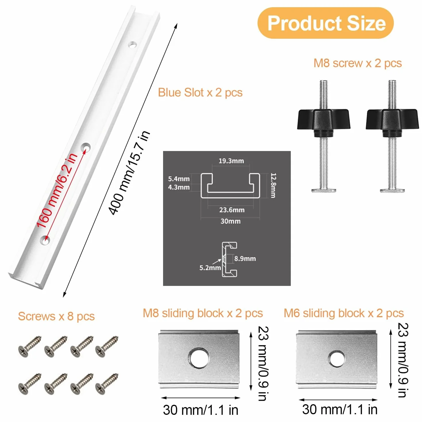 2 sztuki aluminiowych prowadnic T-Slot o długości 400 mm, zestaw prowadnic skośnych T-Nut, prowadnica z suwakami M8/M6, prowadnica służąca do montażu (srebrna)