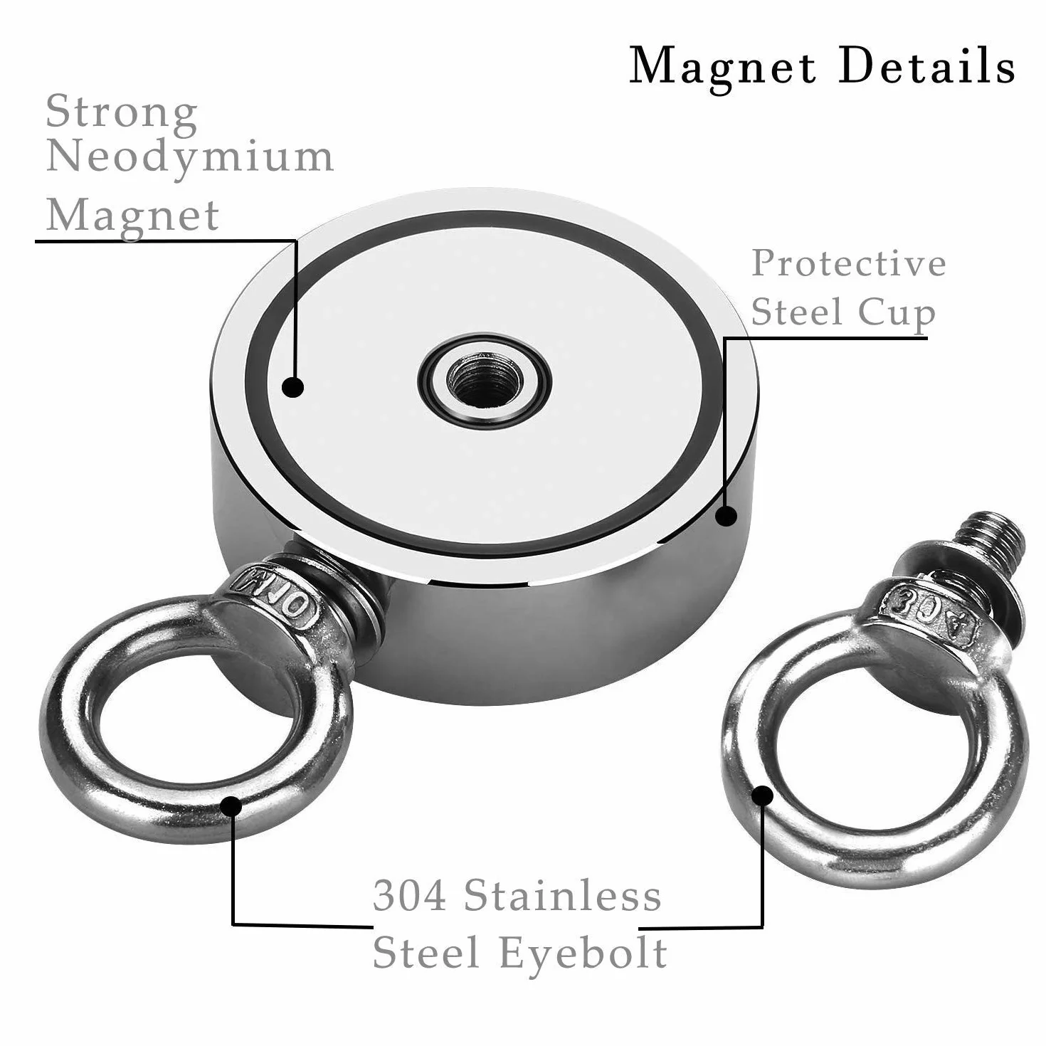 Siła przyczepności 480 kg, dwustronny magnes neodymowy z oczkami, N52 super silny magnes do łowienia magnetycznego – Ø 75 mm magnes poszukiwający z liną 20 m, rękawiczkami i kotwicą, z 2 oczkami