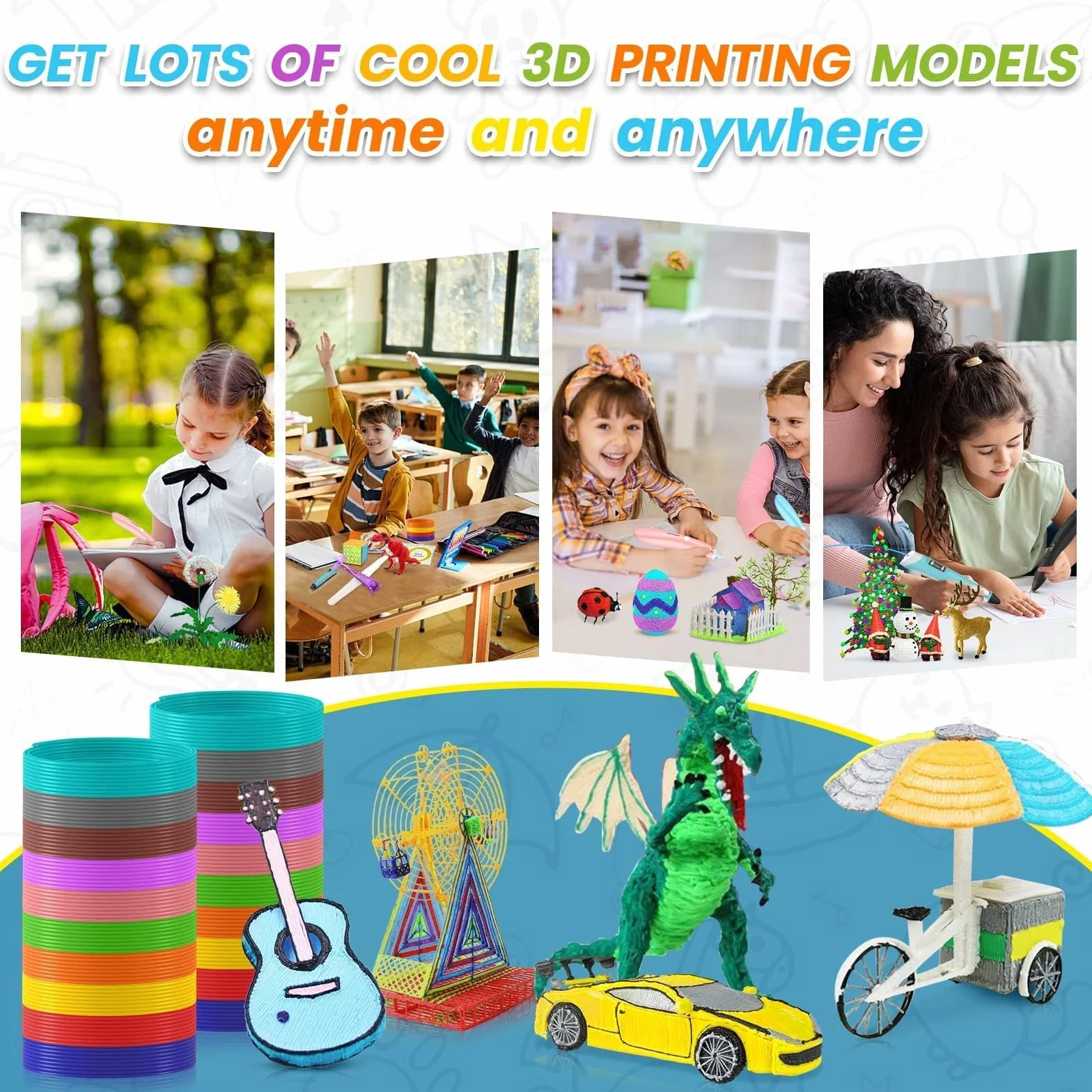 Pióro 3D filament 100 m, filament PLA, 1,75 mm, 20 kolorów, każdy kolor, 5 metrów, łącznie 100 metrów