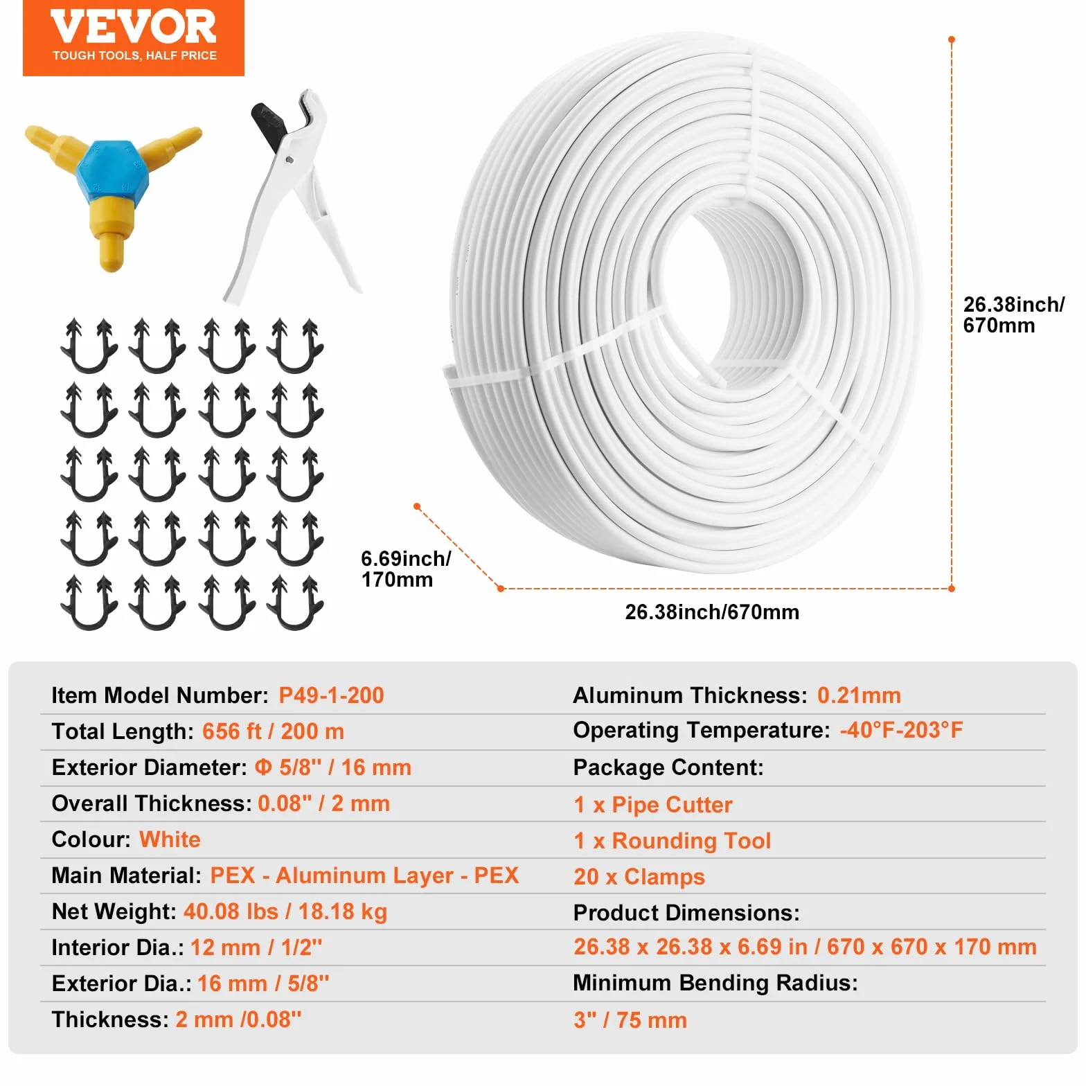VEVOR P49-1-200 AL 5/8" Rura PEX Plastikowa kompozytowa bariera tlenowa 0,08" Grubość Radiant Heat Floor Hydraulika 200 m