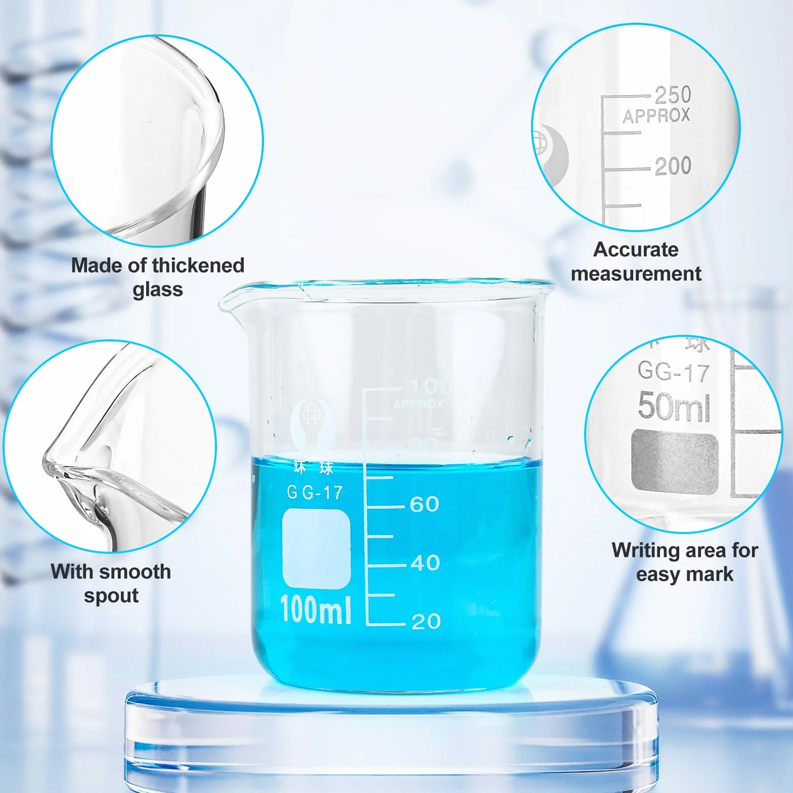 Zestaw 5 szklanek laboratoryjnych miarowych 25-500ml szkło borokrzemowe z podziałką