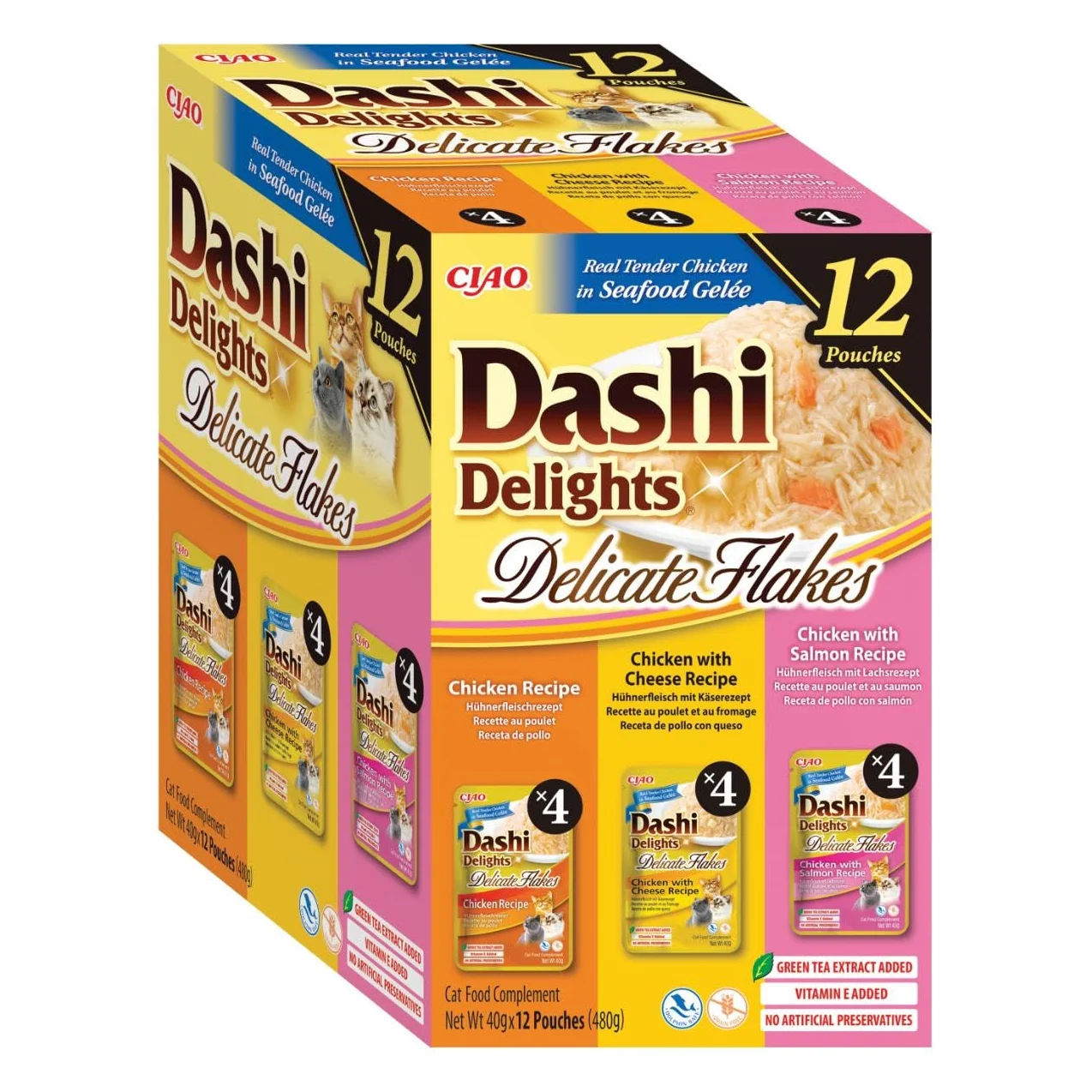 INABA Dashi Delights delikatne płatki, delikatne płatki bulionowe dla kotów w 3 odmianach - 12 worków x 40 g - przekąski z naturalnymi składnikami - uzupełniająca mokra karma dla kotów