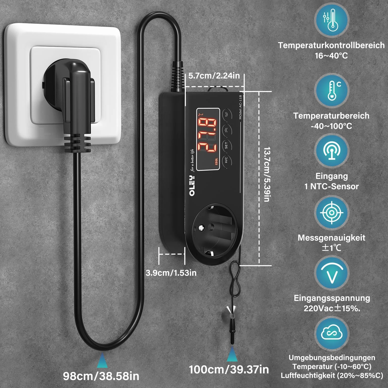 Gniazdo Termostat 220V Regulator Temperatury z Czujnikiem Wtyczka EU Regulator Wilgotności do Szklarni, Gadów, Akwarium, Inkubatora (1 Szt)