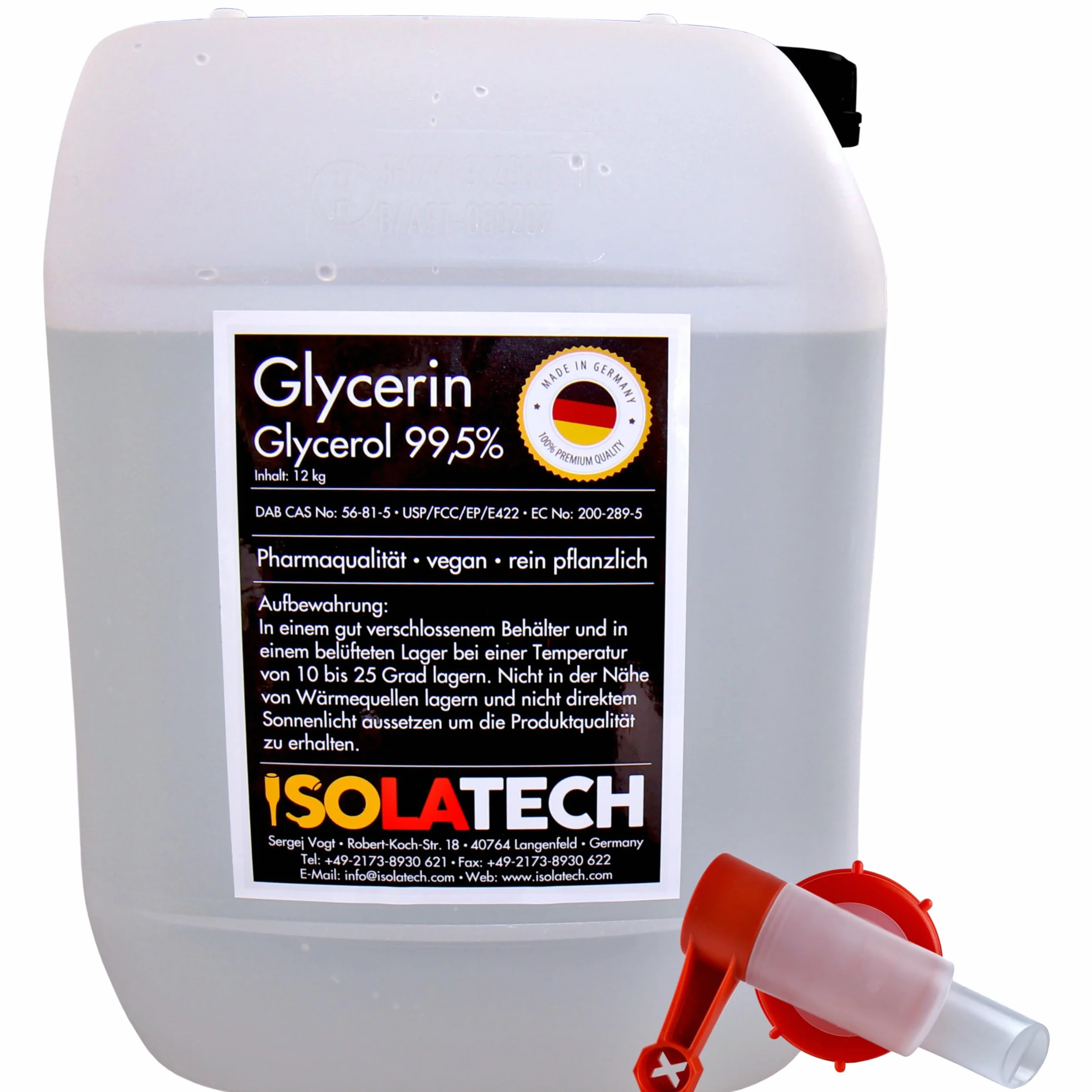 ISOLATECH Gliceryna 99,5% 10 l, jakość farmaceutyczna made in Germany, mierzona w 99,98% czysto roślinna, gliceryna, glicerol w płynie z płynem SABEU Fluxx AH23/51 HF kurek przelewowy DIN 51 10 l
