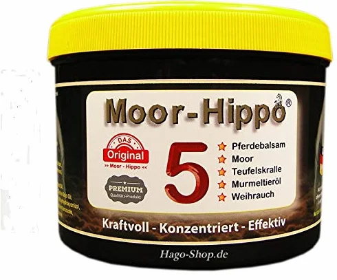 HAGO Moor-Hippo 5 – maść dla koni z torfowiskiem, diabelskim pazurem, olejkiem ze świstaka i kadzidła, 500 ml (5 w 1) – dopiero po schłodzeniu i utrzymywaniu ciepła