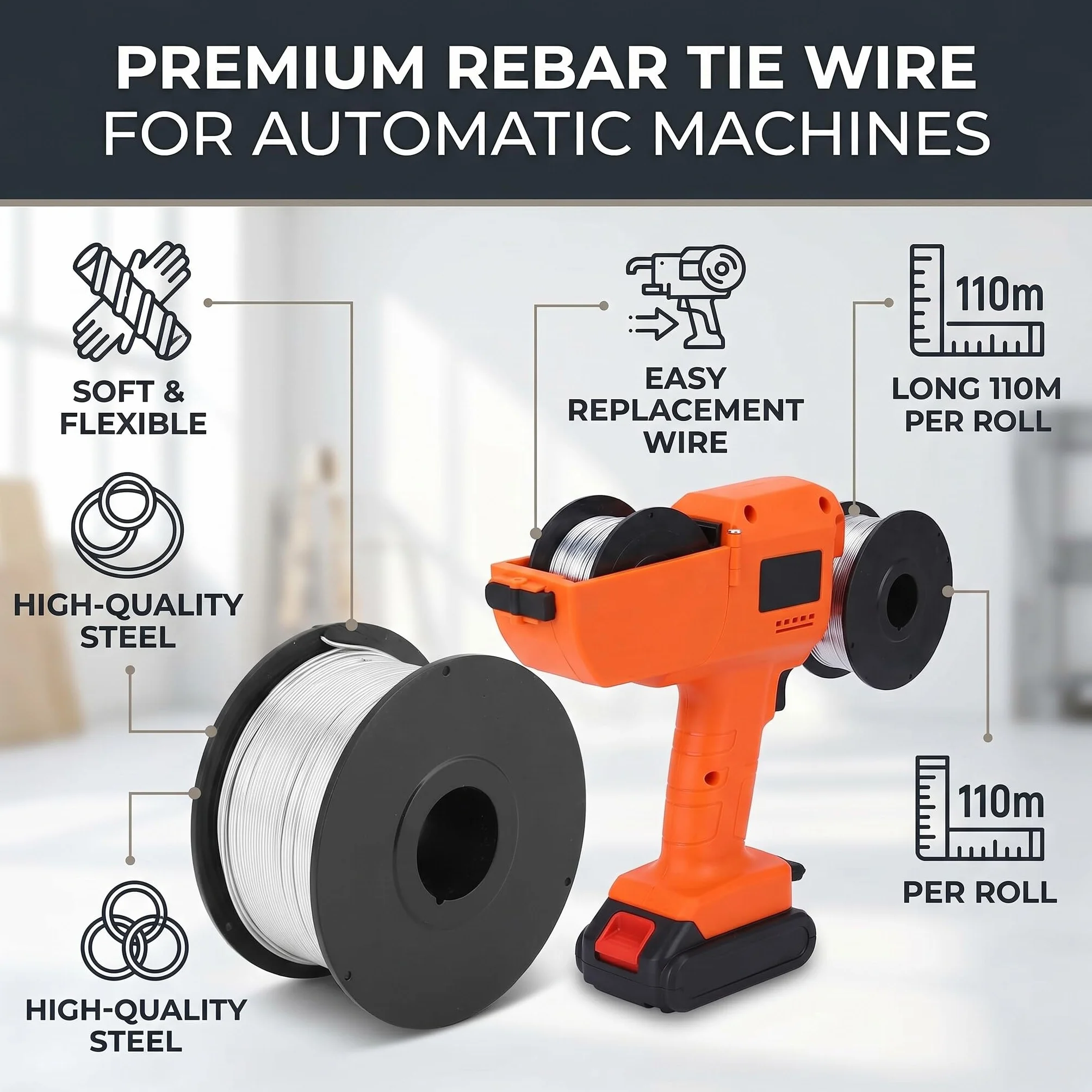 Drut do zbrojenia betonu 0,8 mm 110 m stalowy automatyczny 4 rolki