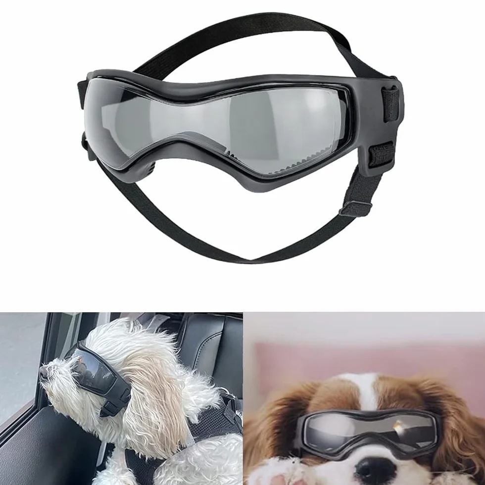 Voarge Okulary przeciwsłoneczne dla psów, okulary ochronne UV, okulary przeciwsłoneczne z regulowaną gumową taśmą, wiatroszczelne okulary motocyklowe dla psów, czarne, S