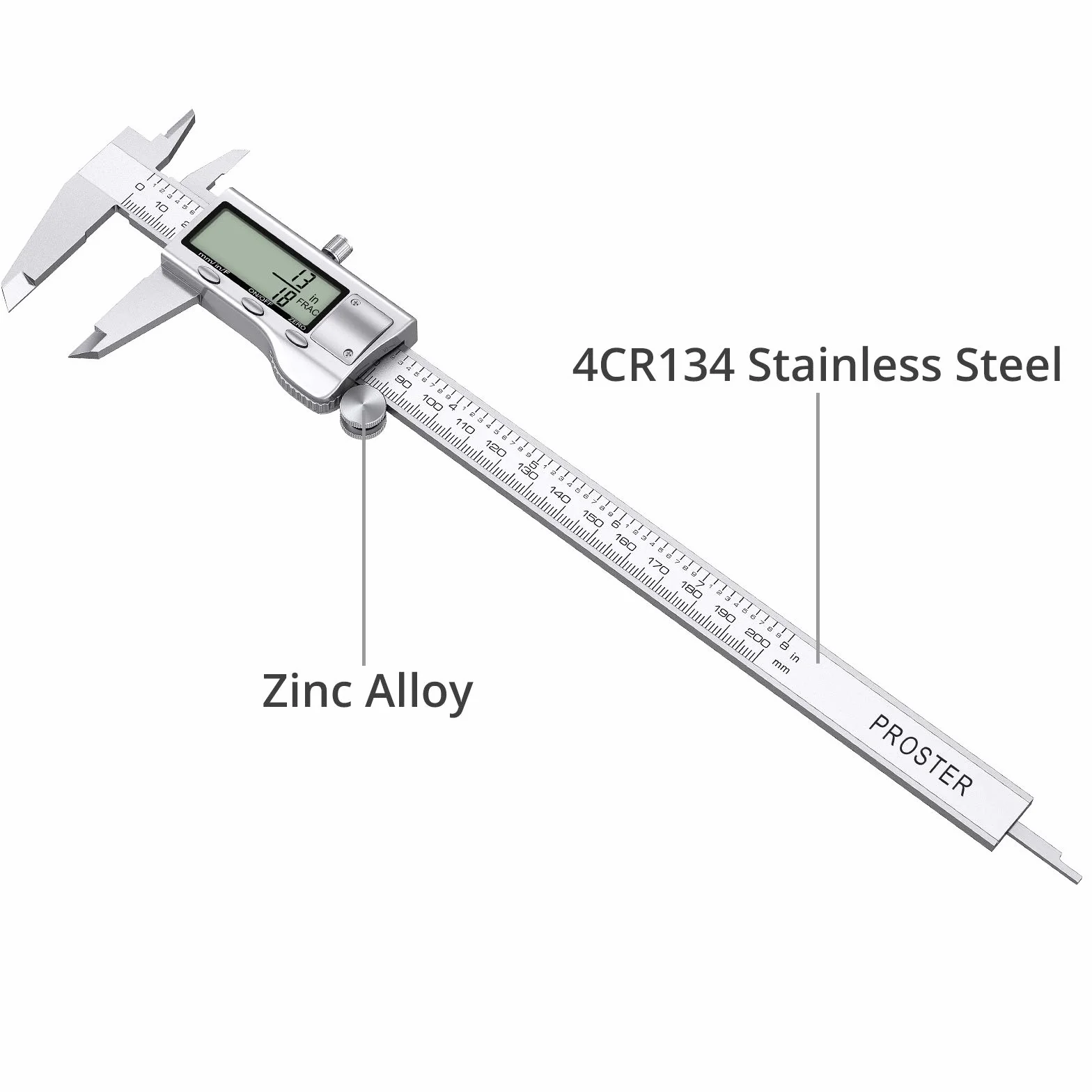 Proster Suwmiarka cyfrowa 8 cali/200 mm Elektroniczna suwmiarka ze stali nierdzewnej, frakcje/cal do pomiaru długości, szerokość głębokość wewnętrzna średnica zewnętrzna