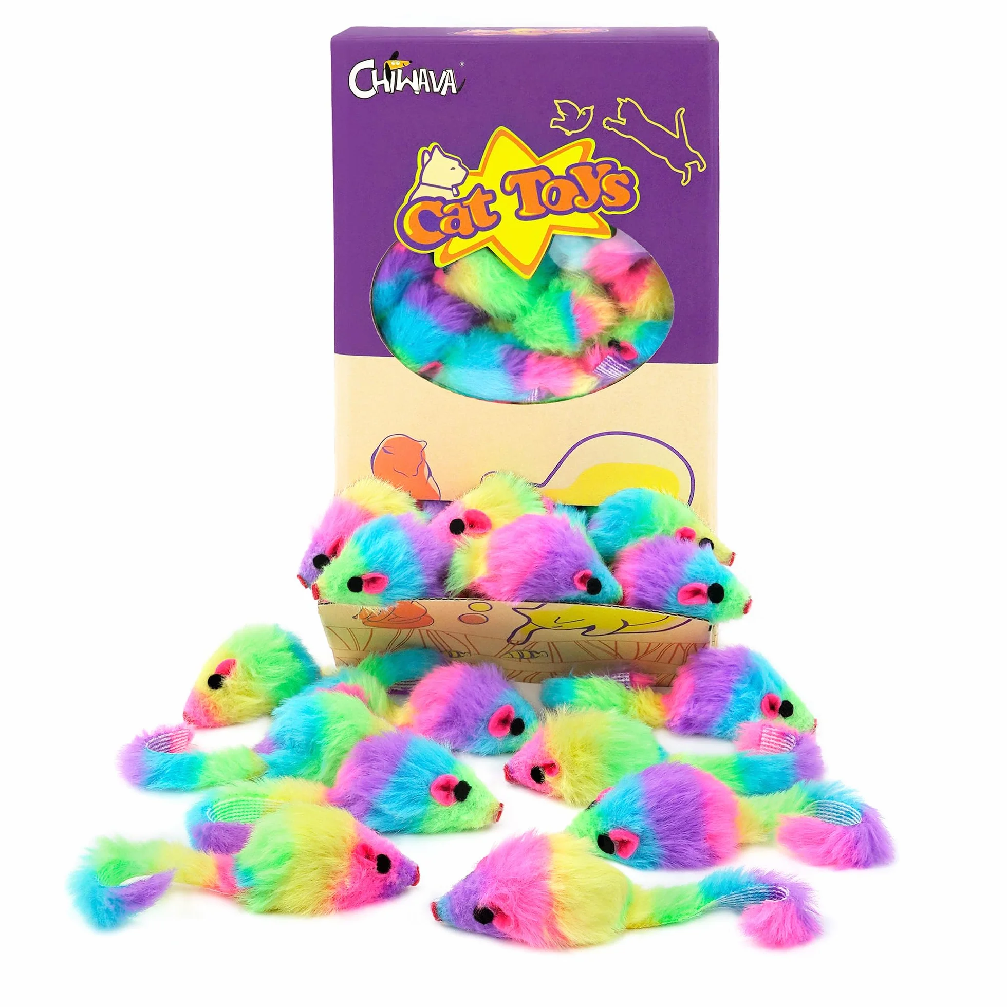 CHIWAVA 36PCS 1.8" Tęczowe kolorowe futrzane zabawki dla kotów z grzechotką interaktywna mysz dla kociak