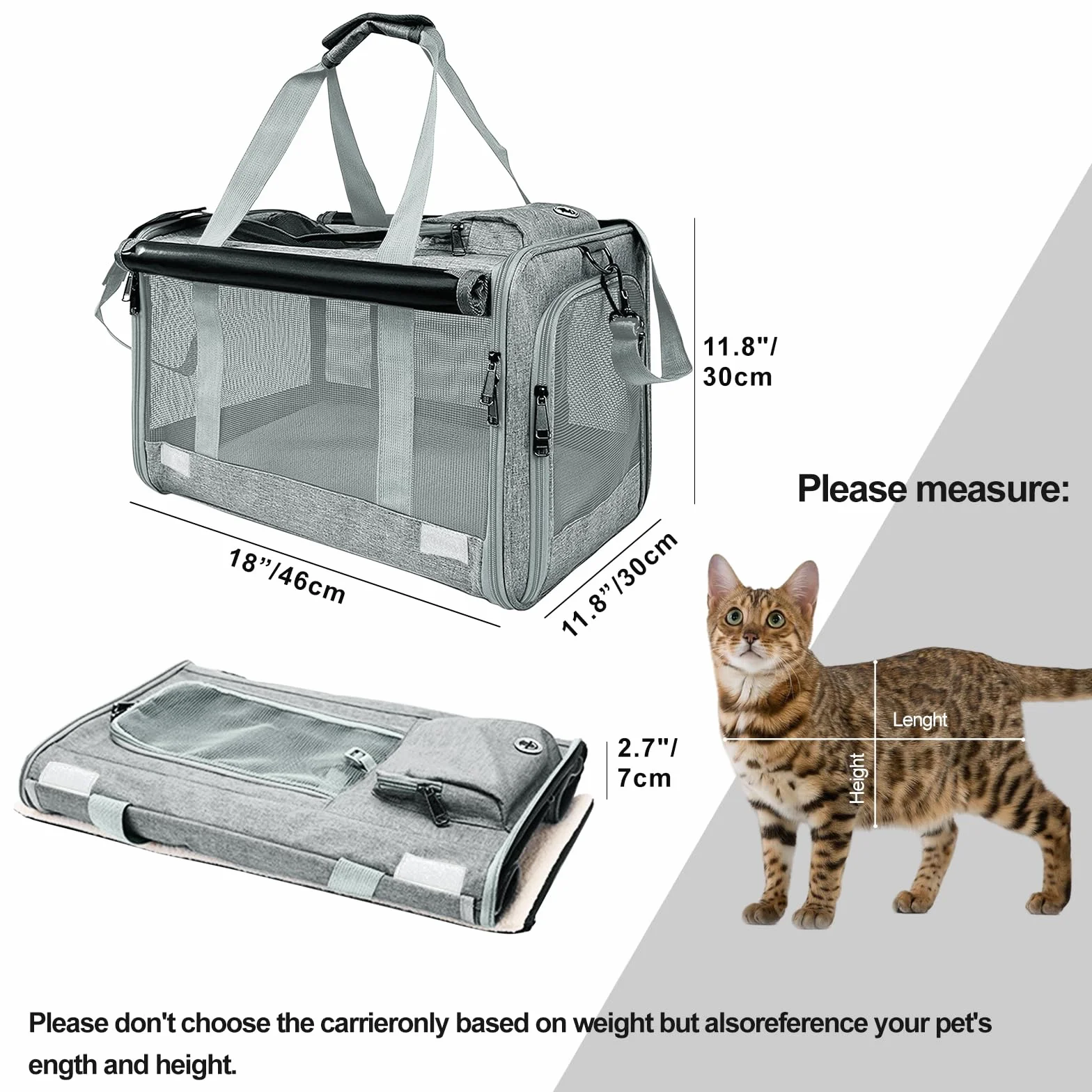 Transporter dla kota, składana torba transportowa dla kota – torba transportowa dla kotów i małych psów do 9 kg – 46×30×30 cm – z osłoną, kieszenią i oddychającą siatką (ciemnoszary)