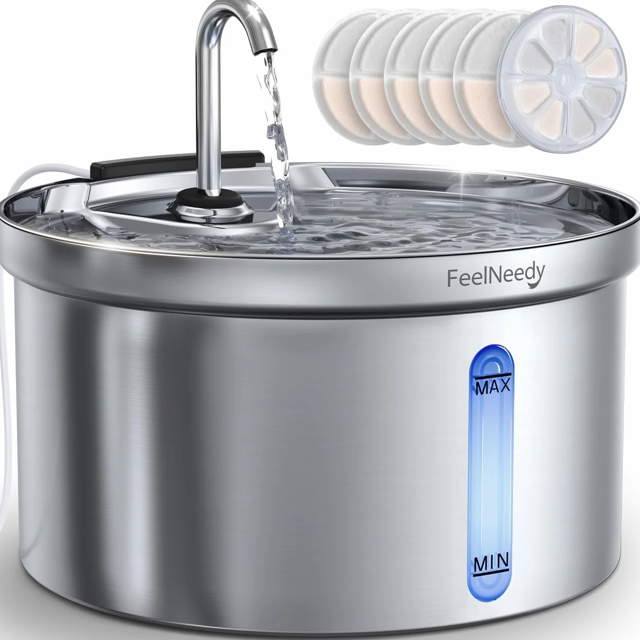 Fontanna dla kotów ze stali nierdzewnej 3,5L, fontanna do picia dla kotów | FEELNEEDY fontanna wodna super cicha fontanna dla kotów z 6 filtrami i ładowarką USB, 3-warstwowa filtracja wody