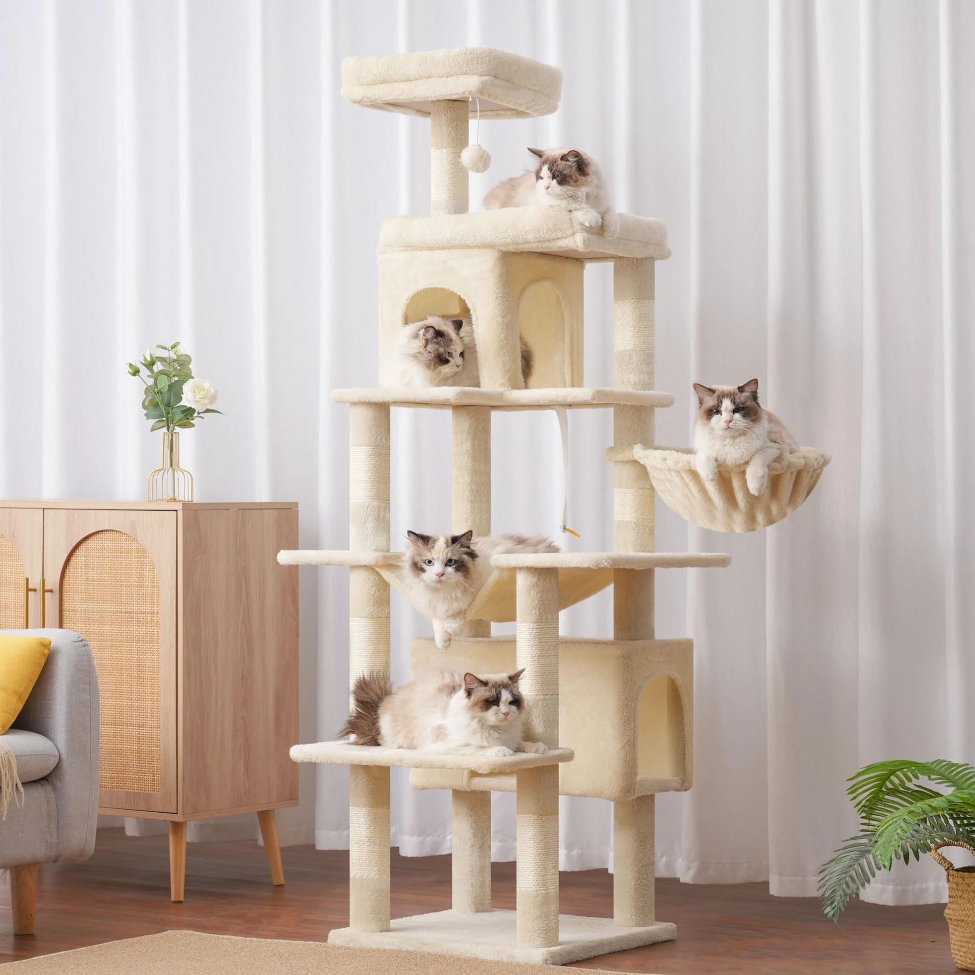 Heybly Cat Tree, 178 cm Wysokości, Drapak Dla Kotów Domowych, Drapak Dla Kota Z 8 Drapakami, 2 Jaskiniami, 2 Platformami, Hamakiem, Koszem, Pluszowym Baldachimem, Beżowy HCT036M