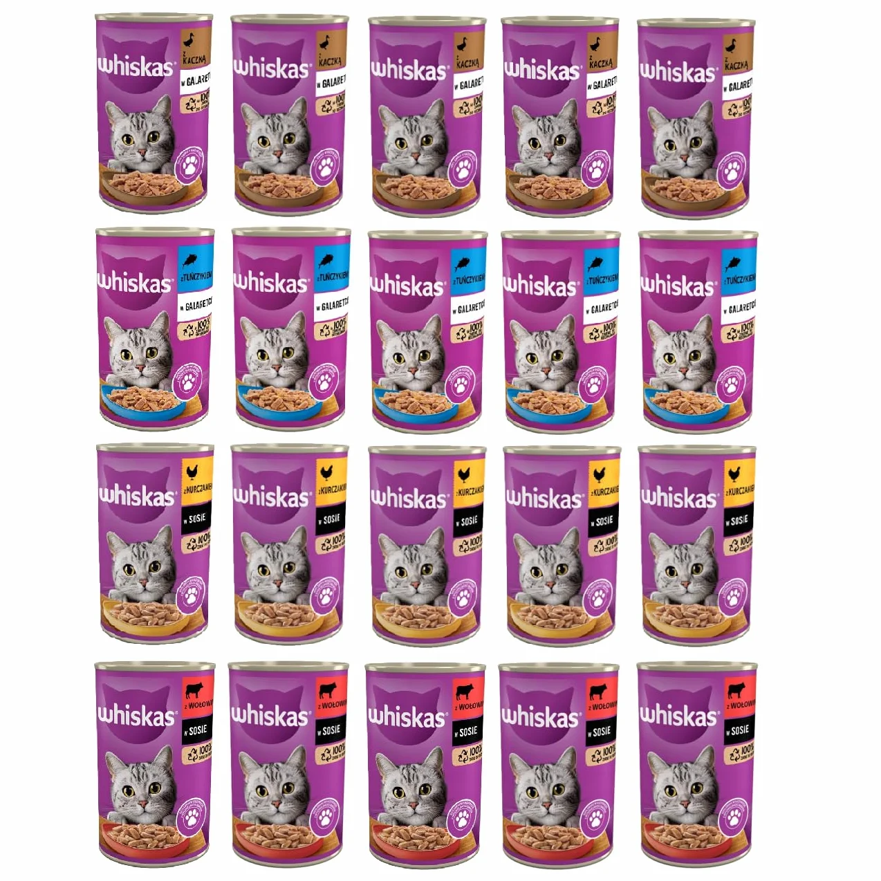 Whiskas mokra karma dla kotów w puszce mix smaków kaczka, tuńczyk, kurczak i wołowina zestaw 20x 400g