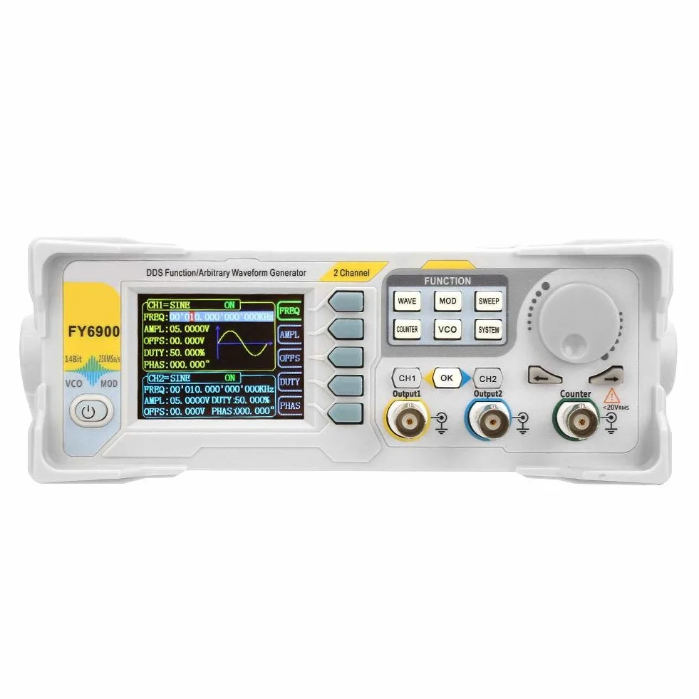 Cyfrowy generator sygnału, FY6900 Sinus 0-30 MHz 2,4-calowy wyświetlacz TFT z funkcją DDS, generatory źródeł impulsów kształtu fali, miernik częstotliwości 250 MSa/s VCO-Burst-AM/PM/FM/ASK/FSK/PSK