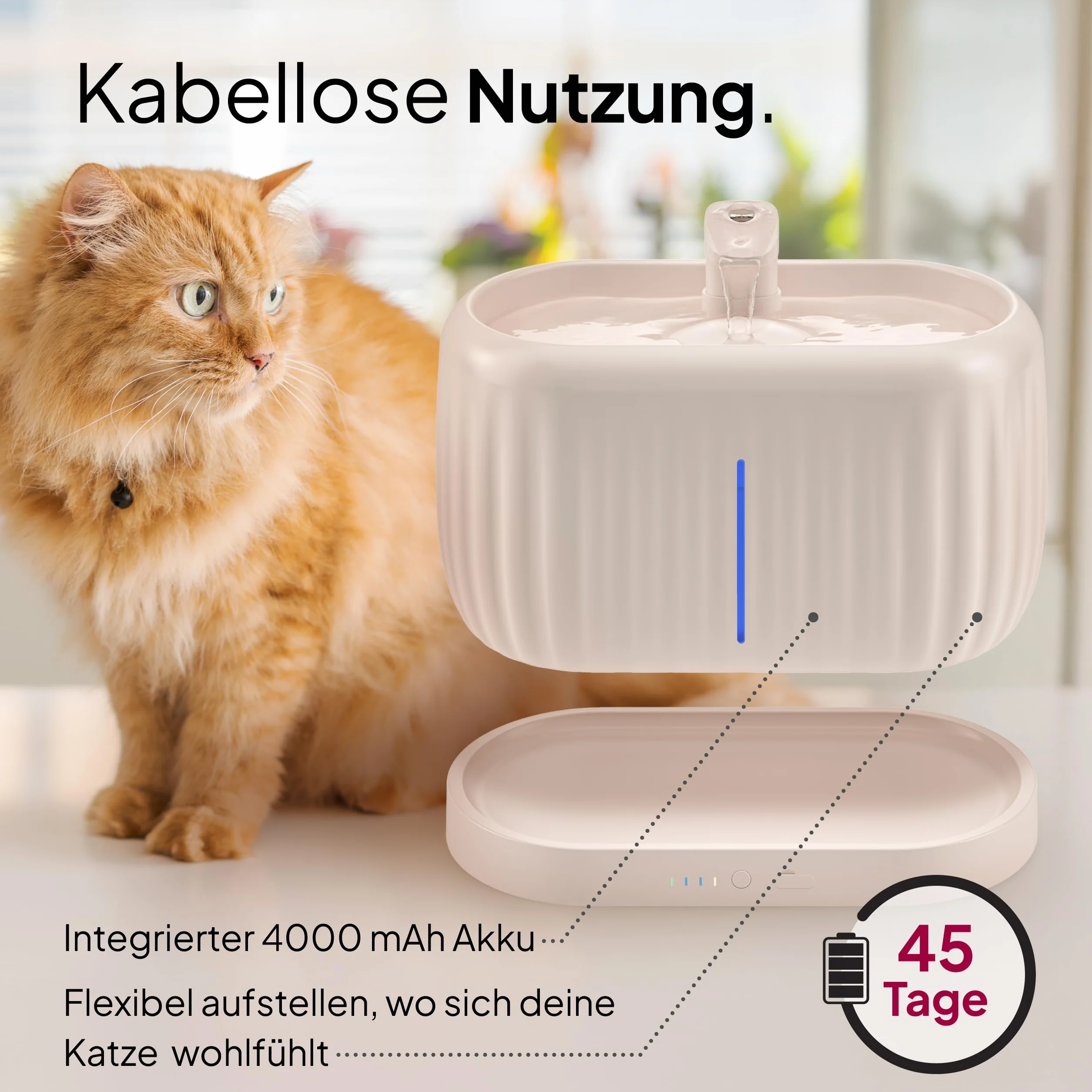 Pretty Paw bezprzewodowa fontanna dla kotów z czujnikiem ruchu – 3 tryby, akumulator 45 dni, zbiornik filtrujący 3 l – świeża woda w każdej chwili, cicha i elastyczna lokalizacja – Pure Flow Max