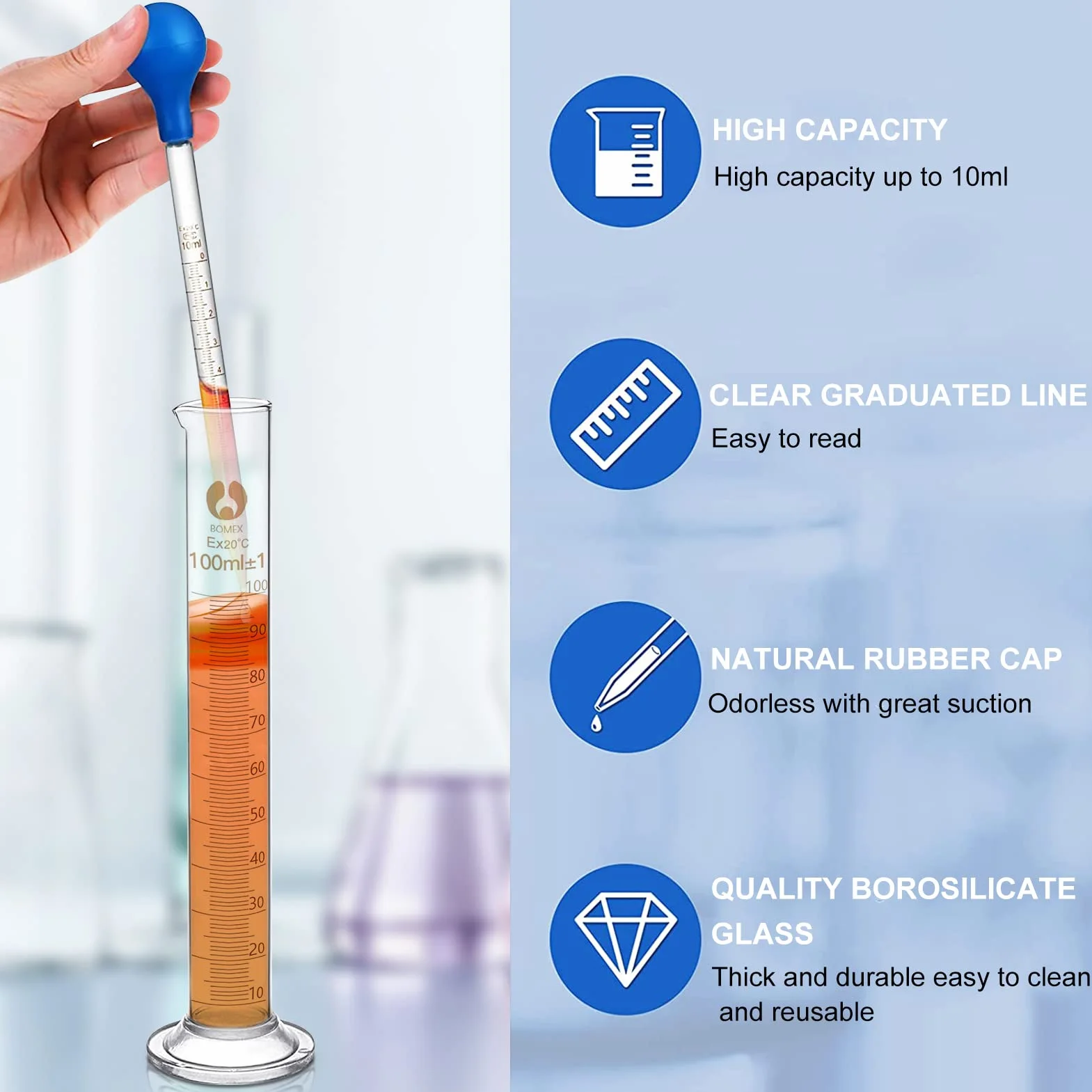 Szklane pipety 5 ml 10 ml cylinder z podziałką 100 ml z zakraplaczem do laboratorium