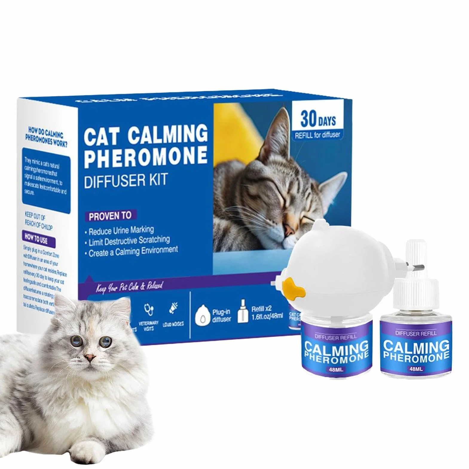Cat Calming Dyfuzor, feromony kota uspokajające napełnienie dyfuzora | Dyfuzor relaksacji,60 dni trwałej wtyczki uspokajające kota Uwolnienie utrzymywanego feromonu w celu zmniejszenia stresu