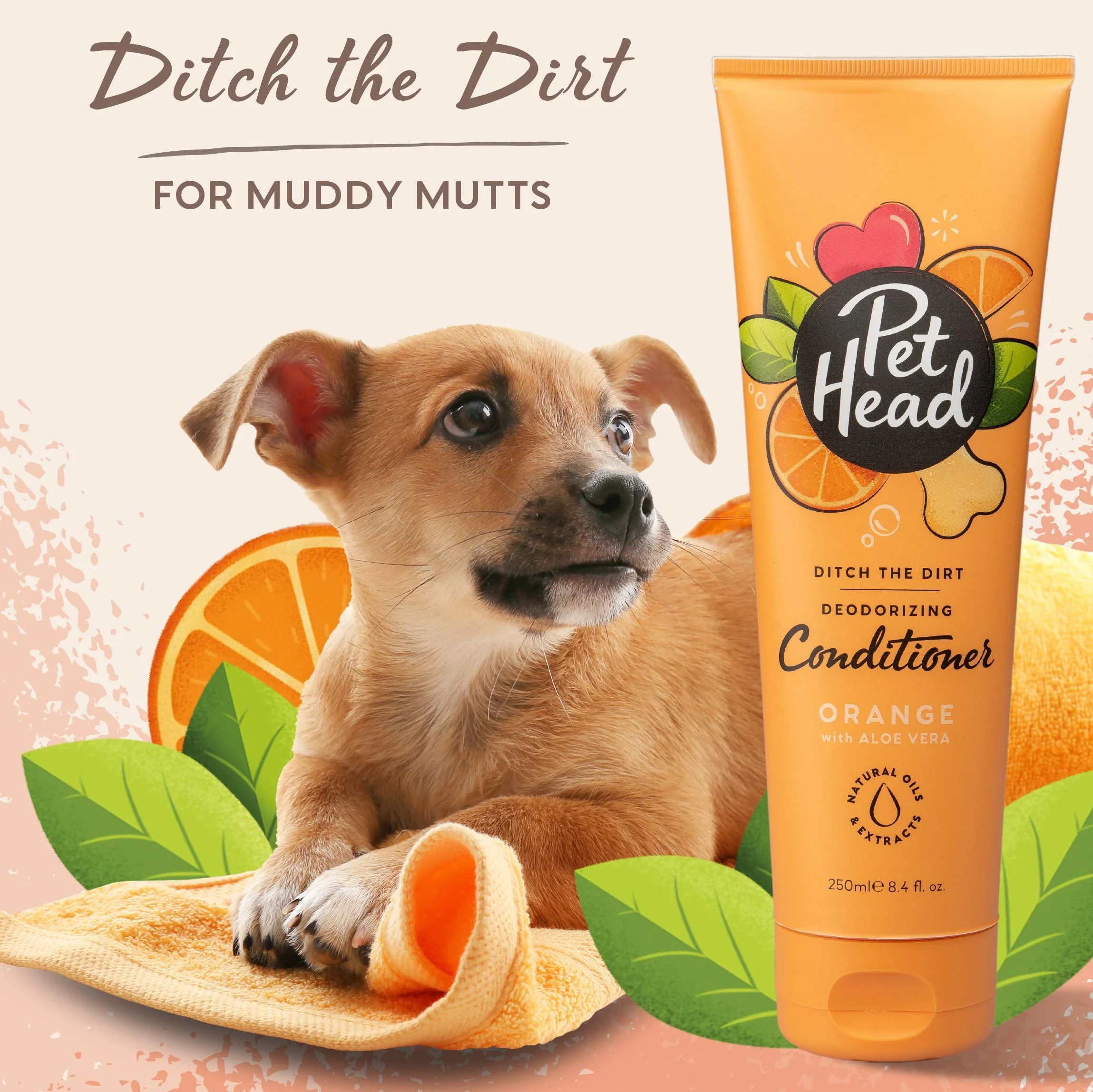 Pet Head Dog Conditioner, Ditch The Dirt Conditioner Odour Neutralising for Smelly Dogs, Deep Cleans Removes Odours orange, 90322A