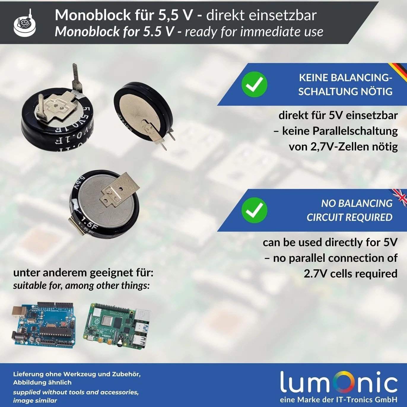 Lumonic Supercap 0,33F 5,5V C-Type | Bezposrednie zastosowanie EDLC, wysoka wydajnosc | Monoblok 5,5 V - bez koniecznosci równowazenia | Ochrona przed migotaniem, kopia zapasowa, PLC, ogrzewanie