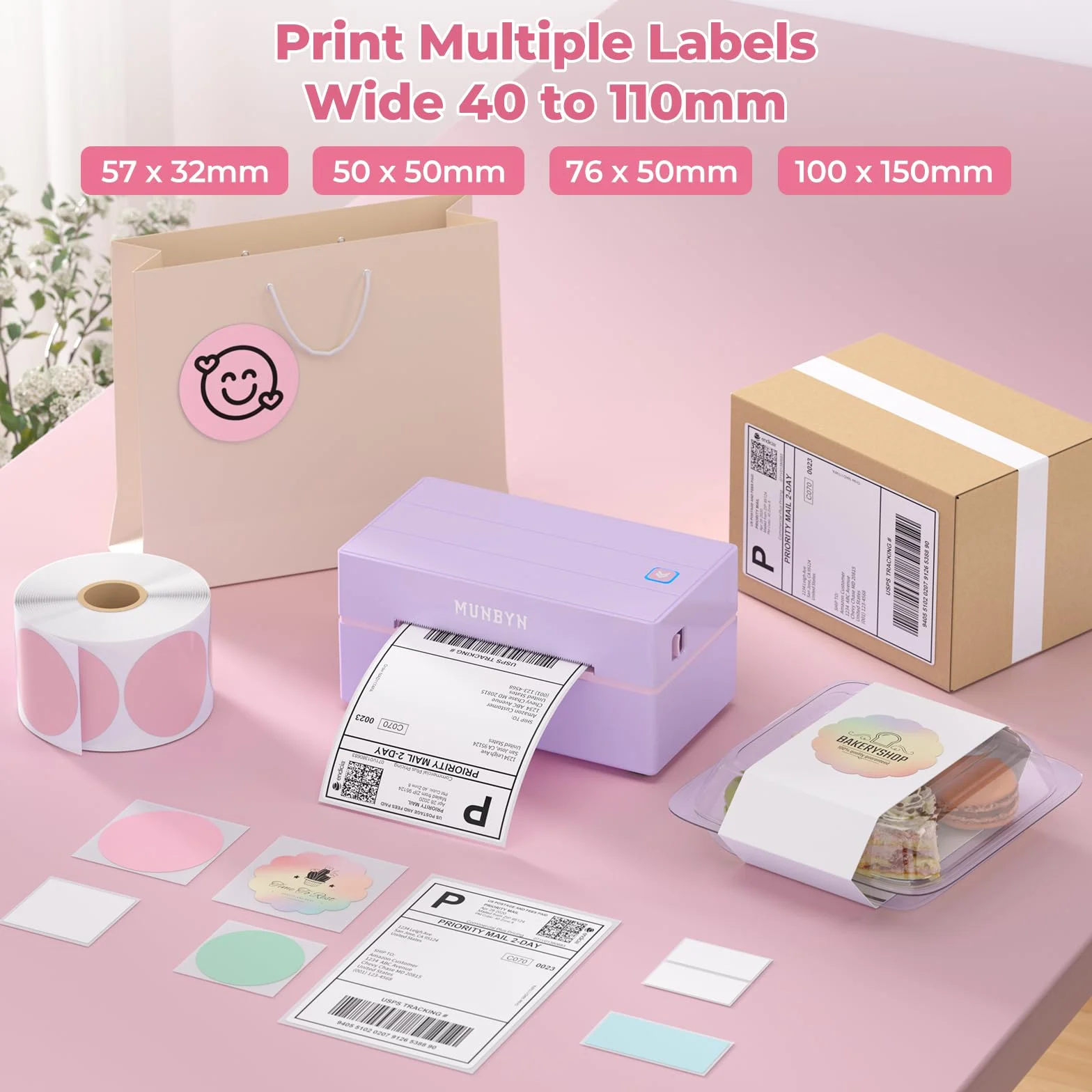 Drukarka Etykiet MUNBYN DHL (Bluetooth), Drukarka Etykiet Wysyłkowych 4x6, Termiczna Drukarka Etykiet dla Shopify, Zalando, Allegro, Etsy, DPD, UPS, w Zestawie 25 Etykiet, ITPP130B (Fioletowa)