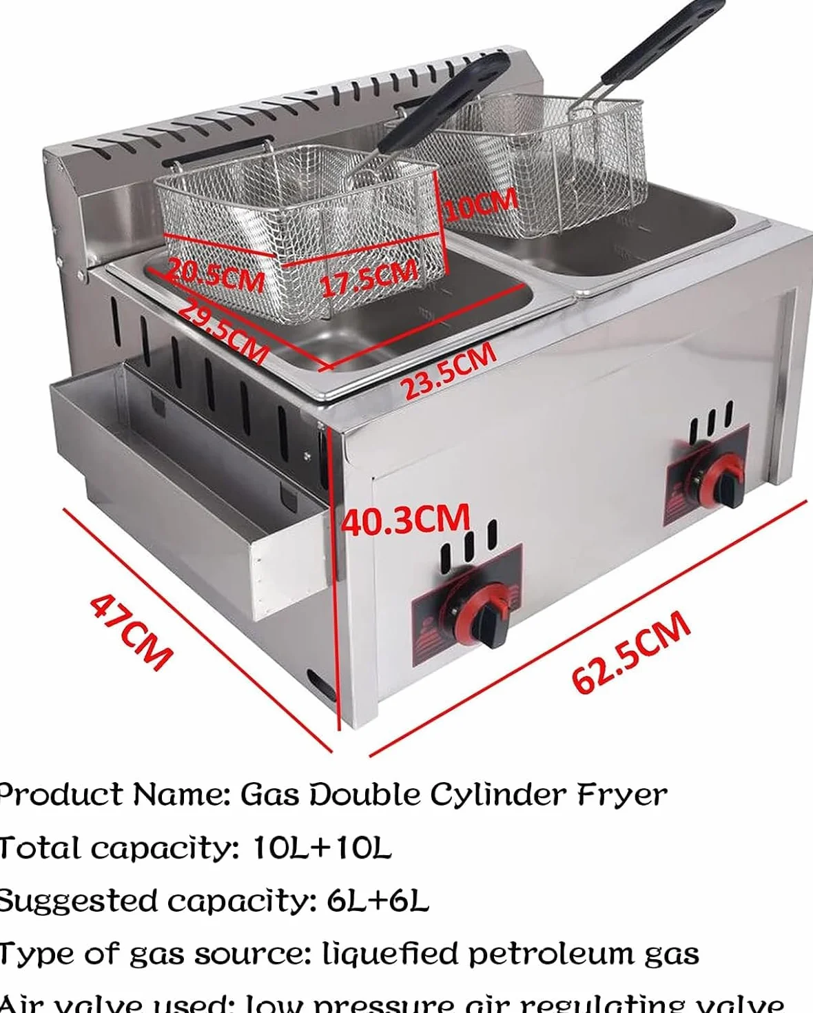 Komercyjna frytkownica gazowa z 2 koszami, 10 l x 2 o du?ej pojemno?ci, precyzyjna kontrola temperatury frytek, ryb i wielu innych produktów w jako?ci restauracyjnej