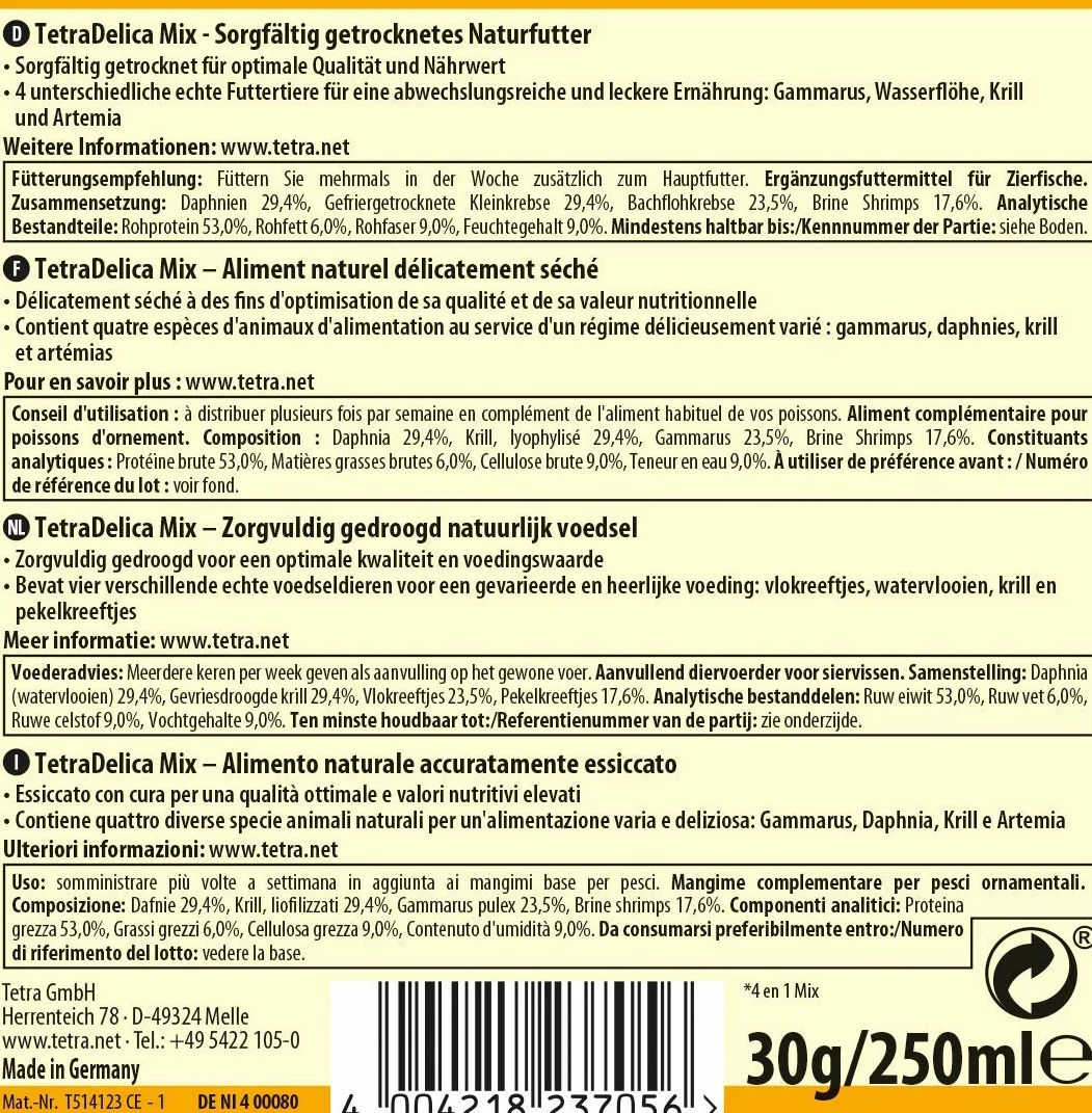 Tetra Delica Mix naturalna karma – mieszanka z 4 różnymi zwierzętami karmiącymi (flet wodny, artemia, krill, gammarus), naturalne przekąski dla ryb ozdobnych, puszka 250 ml